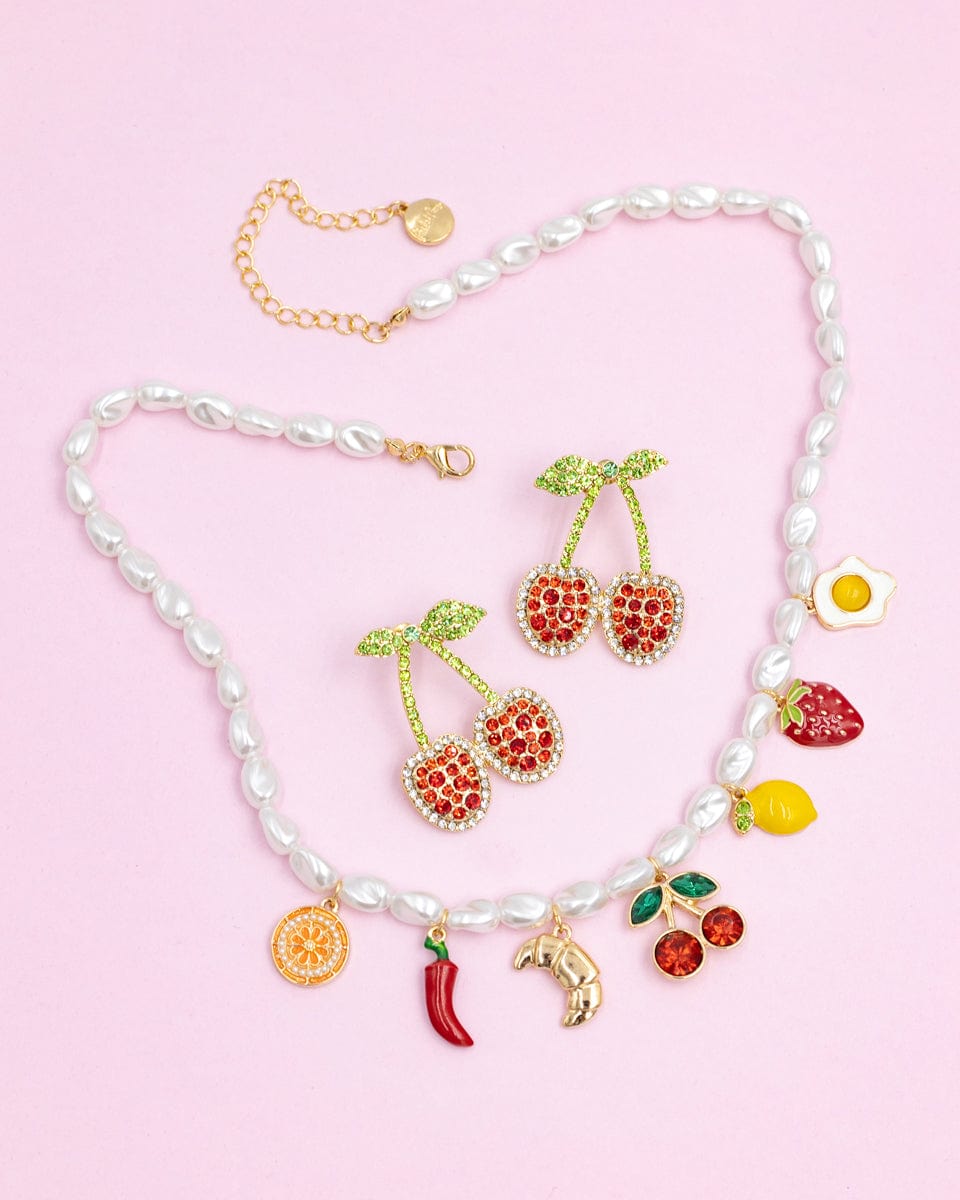 Cherry & Brunch Earrings And Charm Necklace Set