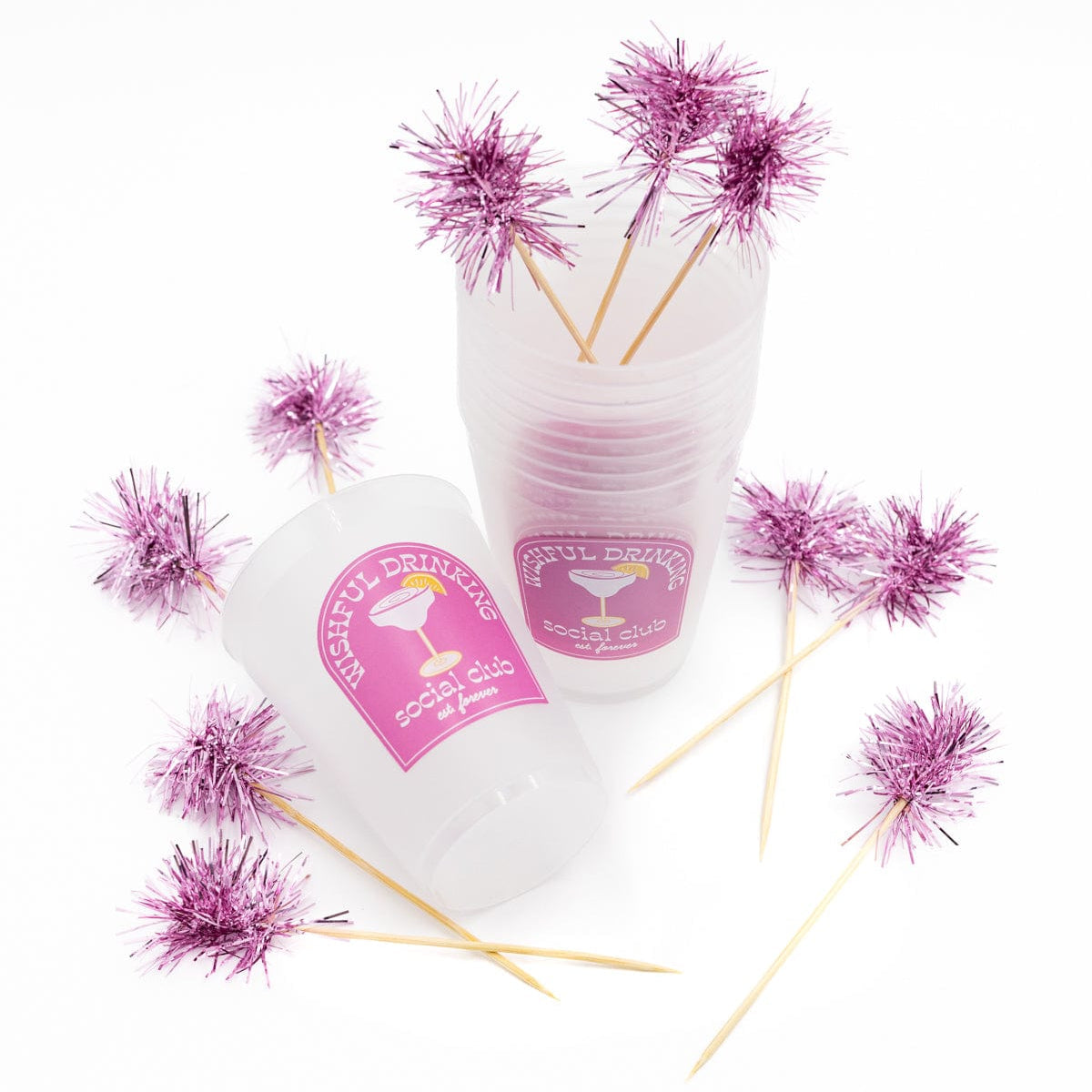 Wishful Drinking Reusable Party Cups With Pom Stirs (set Of 10)