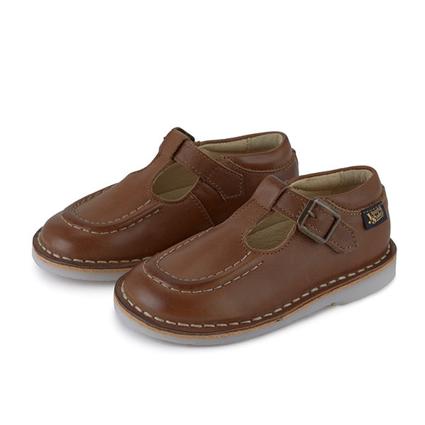 Parker Velcro T-Bar Kids Shoe Tan Burnished Leather