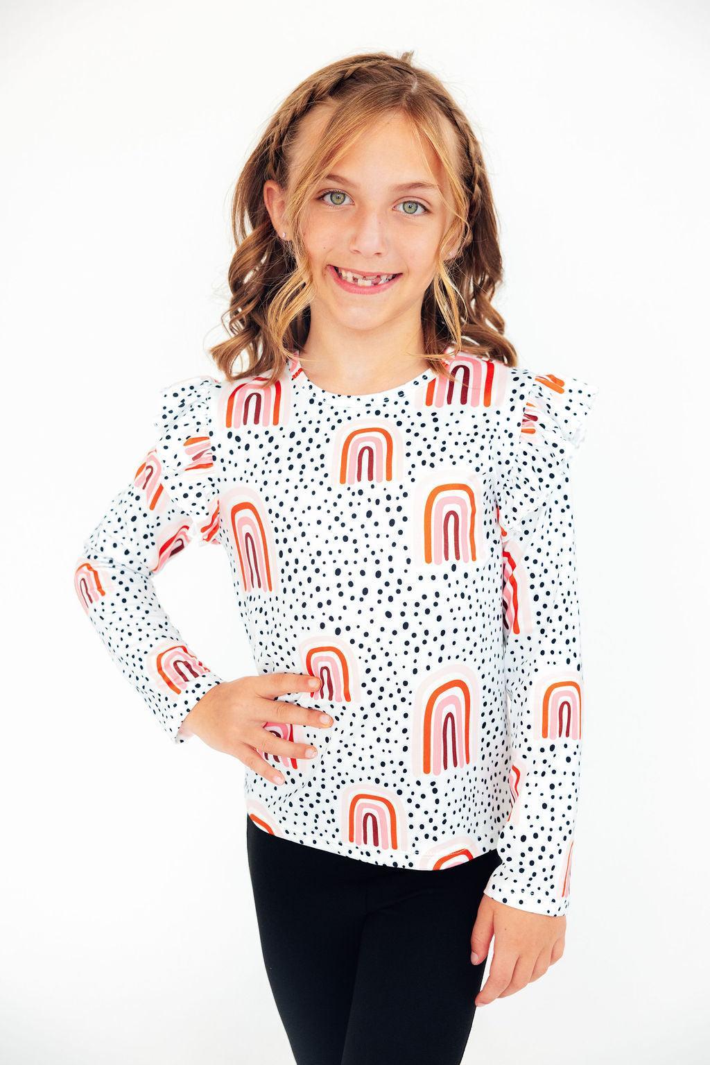 Peach Rainbow L/s Ruffle Tee