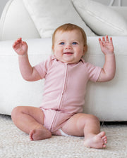 Short Sleeve Zipper Bodysuit In Peach, 3-6m