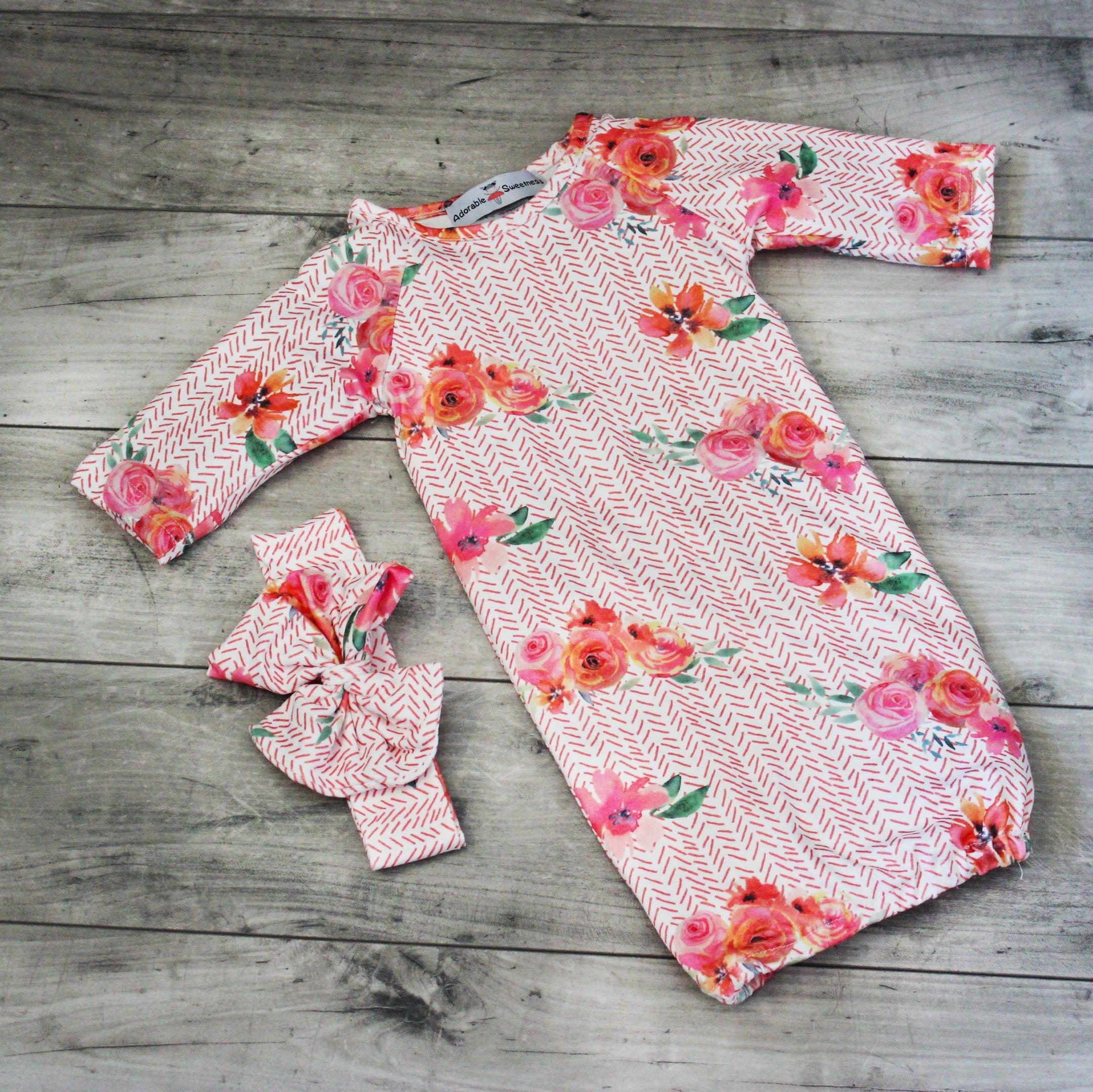 Peach Rose Baby Gown And Bow Headband