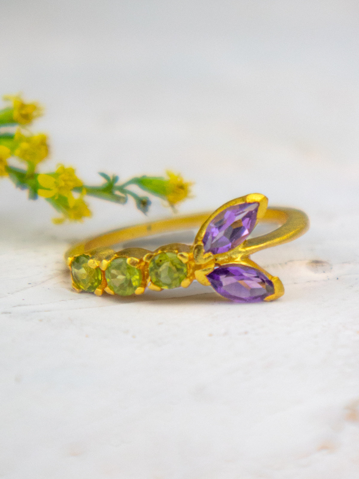 Peridot And Amethyst Vine Ring