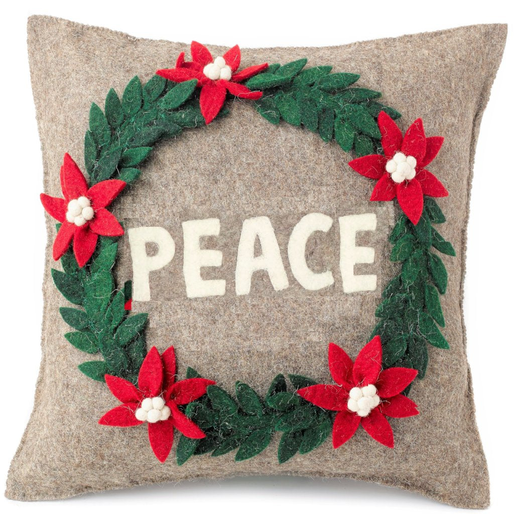 Hand Felted Wool Christmas Pillow - Peace Wreath Natural Gray - 20"
