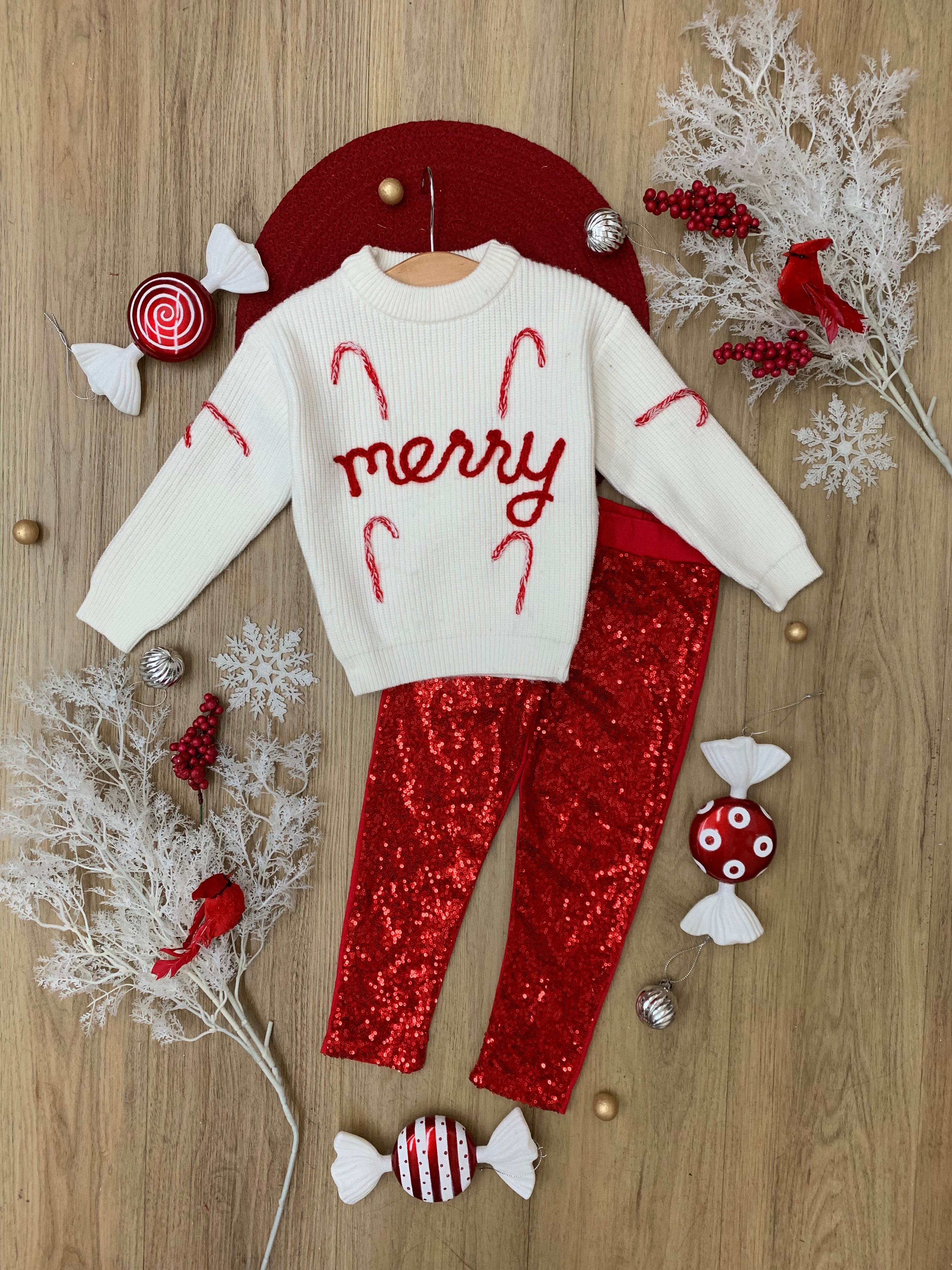 Merry Knit Sweater And Red Dazzling Sequin Pant Set