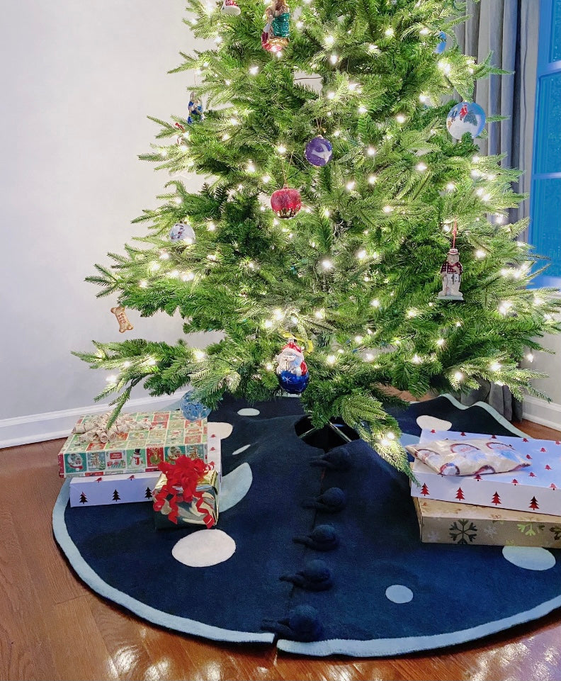 Handmade Christmas Tree Skirt In Hand Felted Wool - Blue Polka Dots - 60"