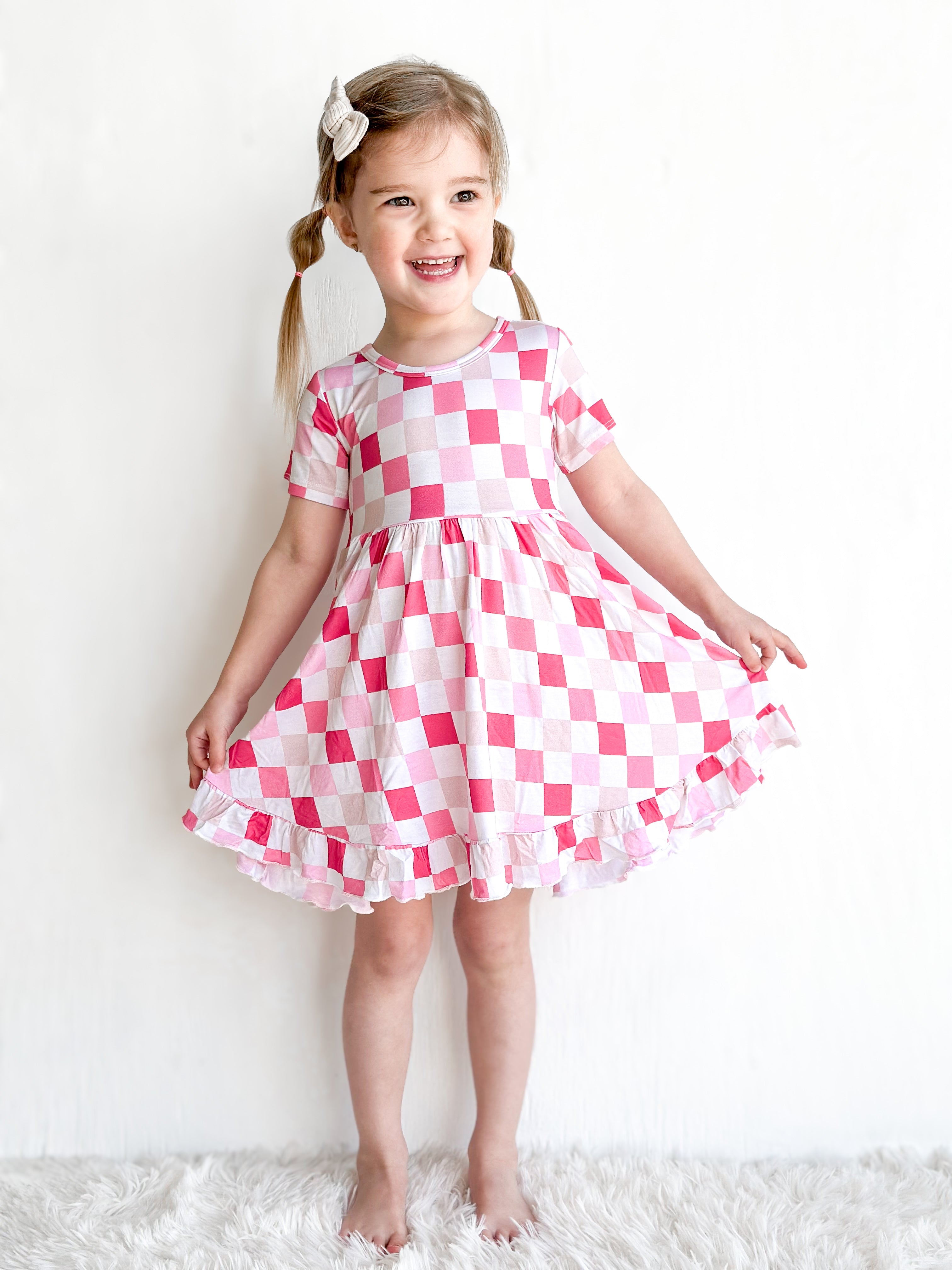 Dreamy Pink Checkers Dream Ruffle Dress
