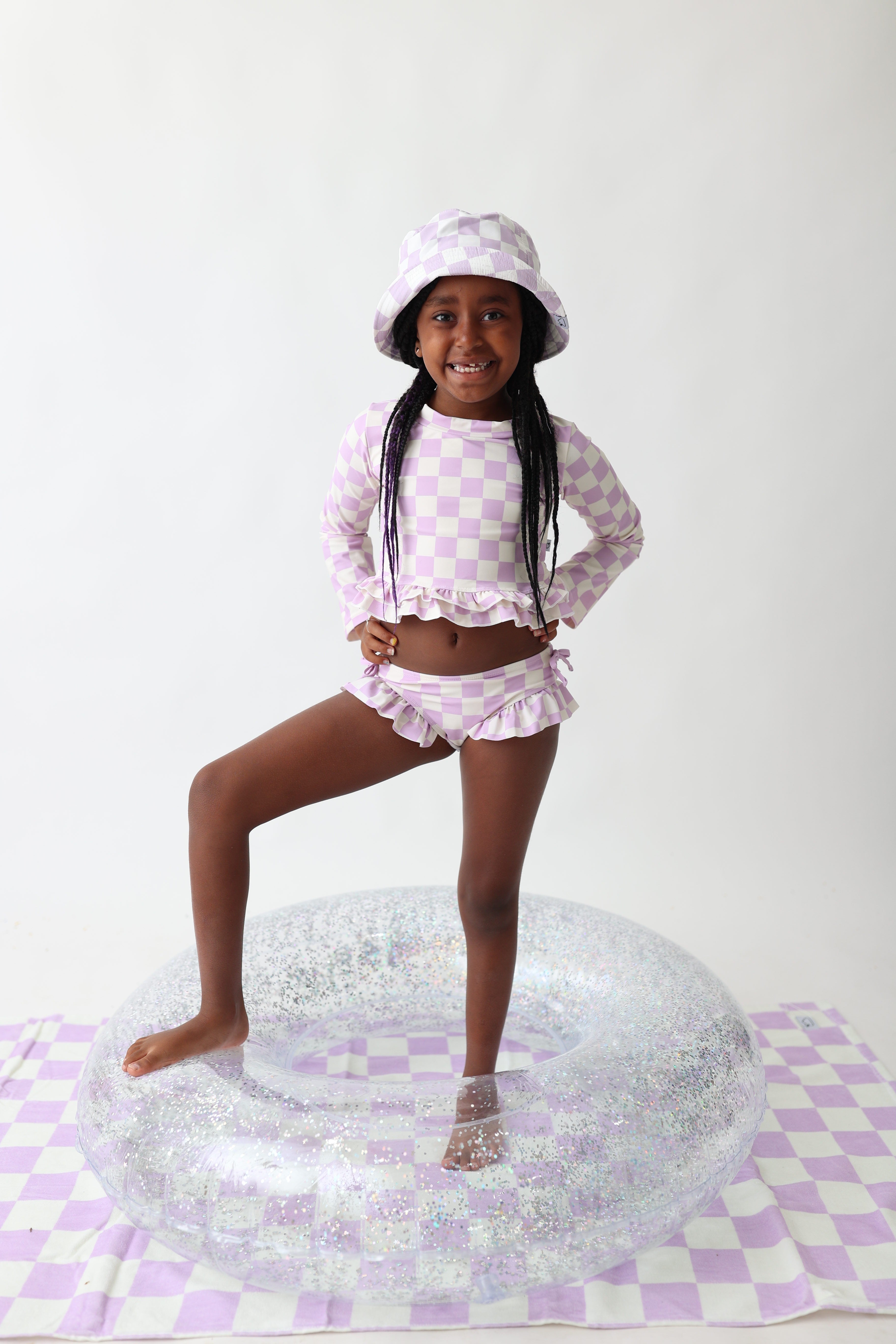 Periwinkle Checkers Dream Rash Guard Ruffle Two-piece Swim Suit