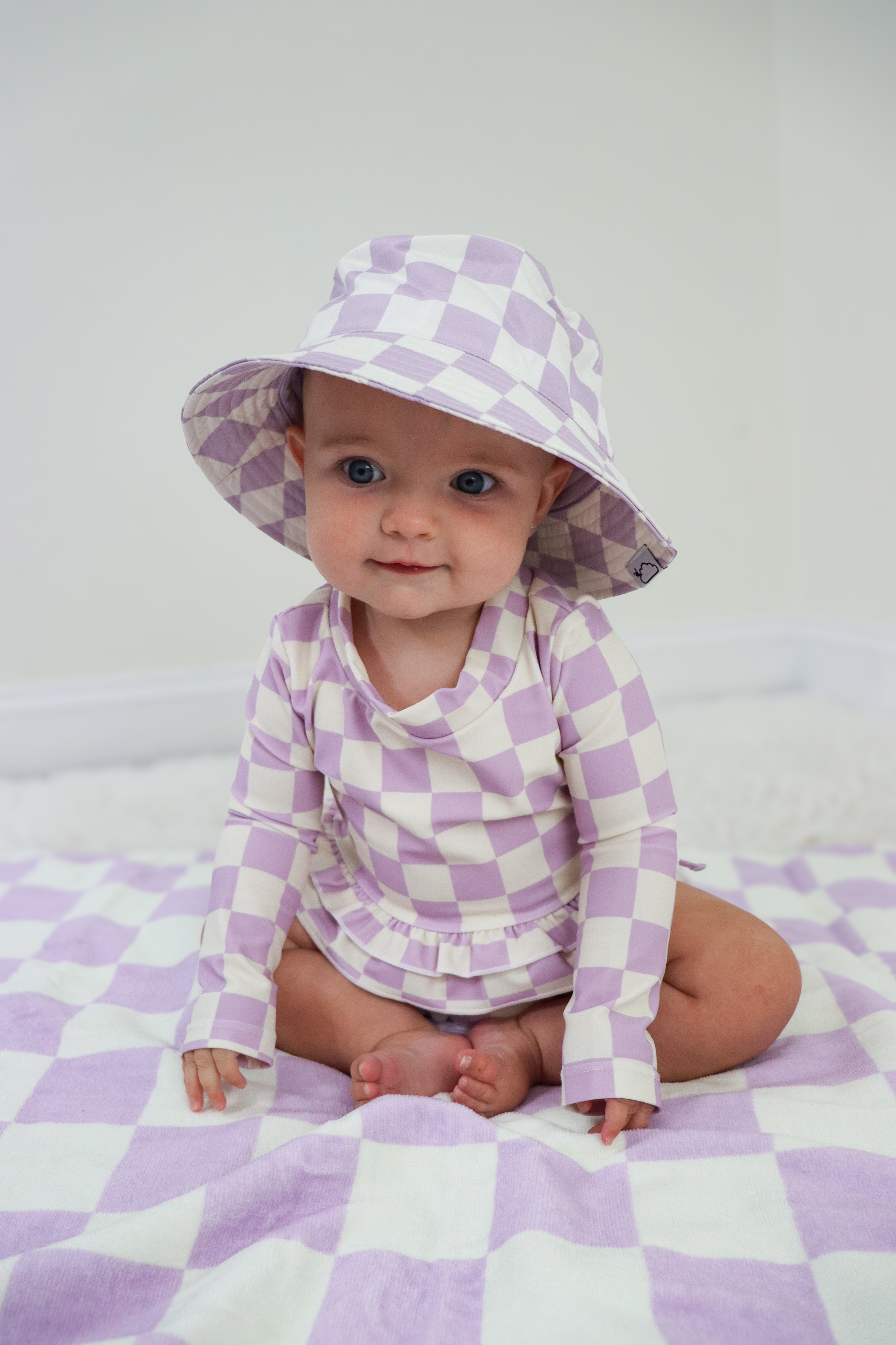 Periwinkle Checkers Dream Rash Guard Ruffle Two-piece Swim Suit