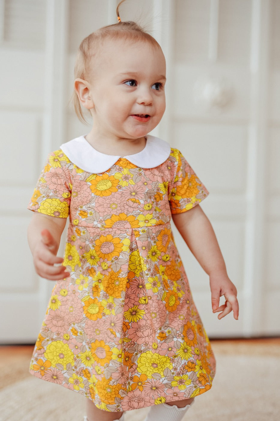 Vintage Marigold Floral Peter Pan Collar Dress Baby Toddler Girl