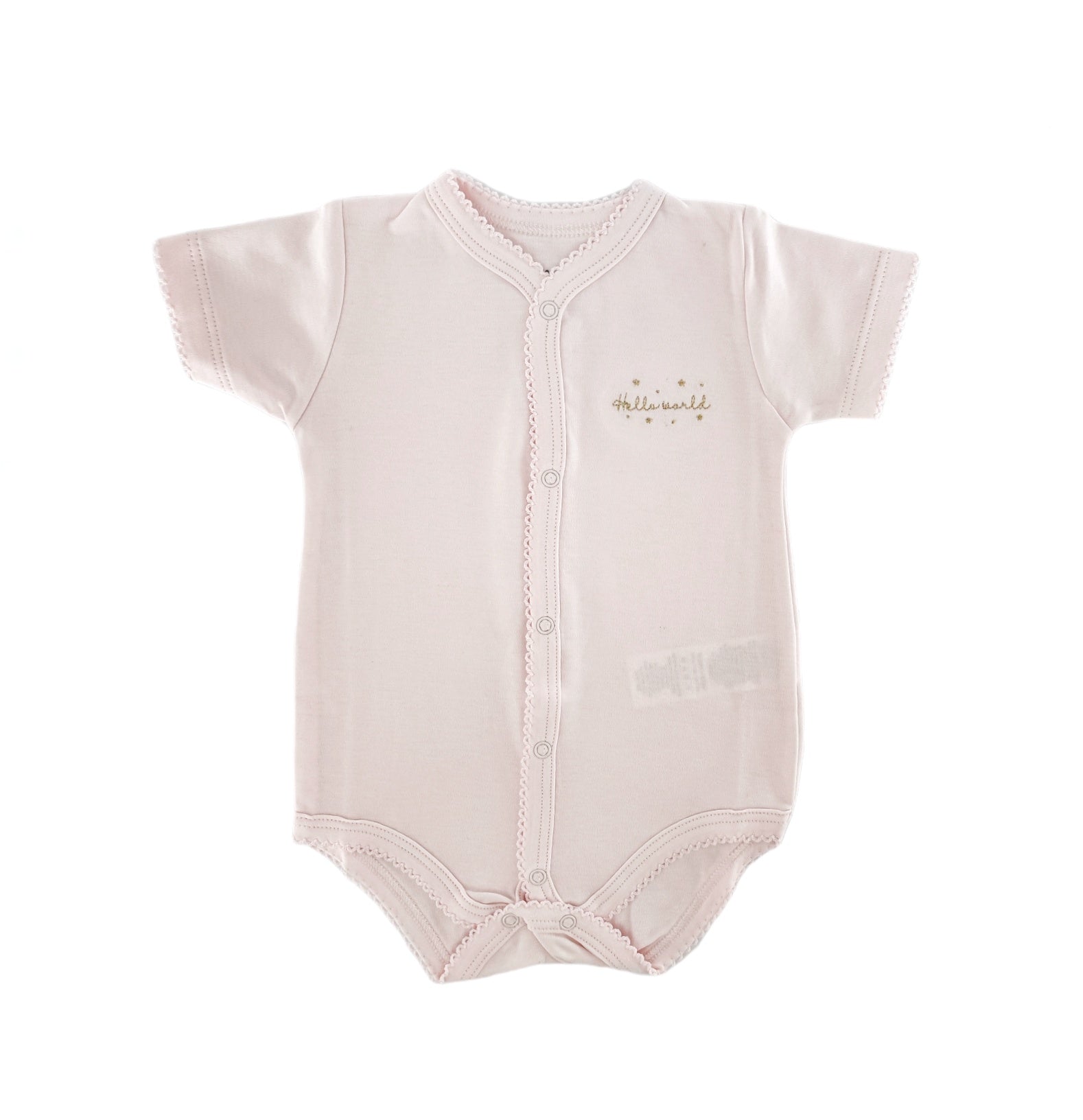 Hello World Short Sleeve Snapped Bodysuit, Pink