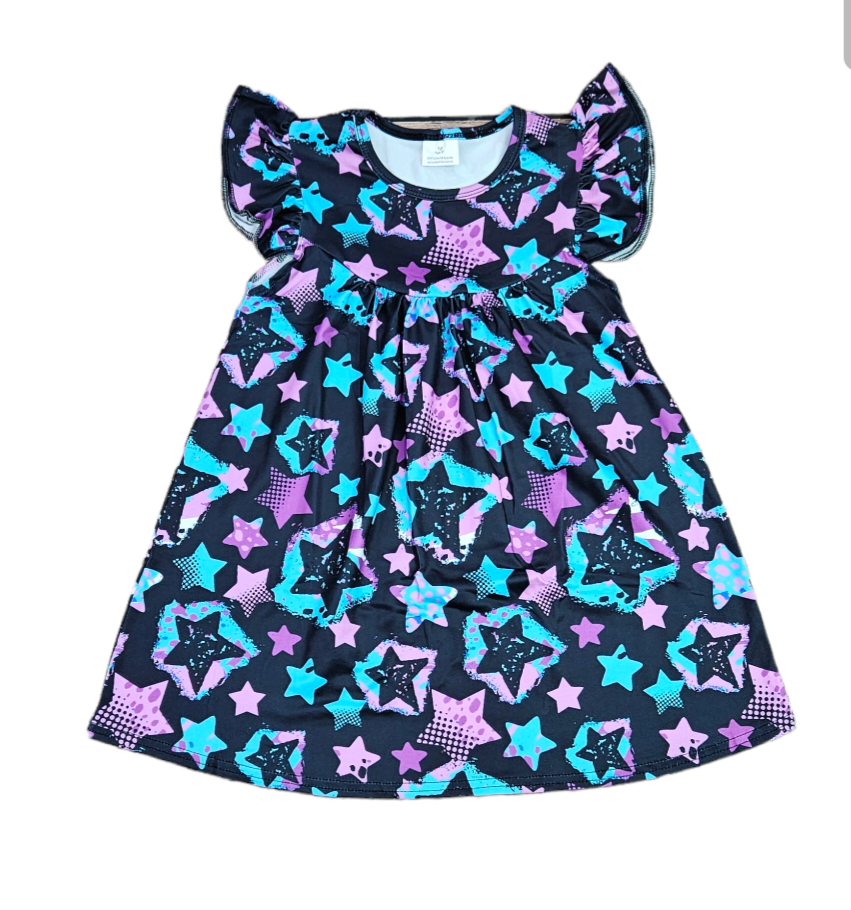 Purple And Teal Star Milk Silk Flutter Dress