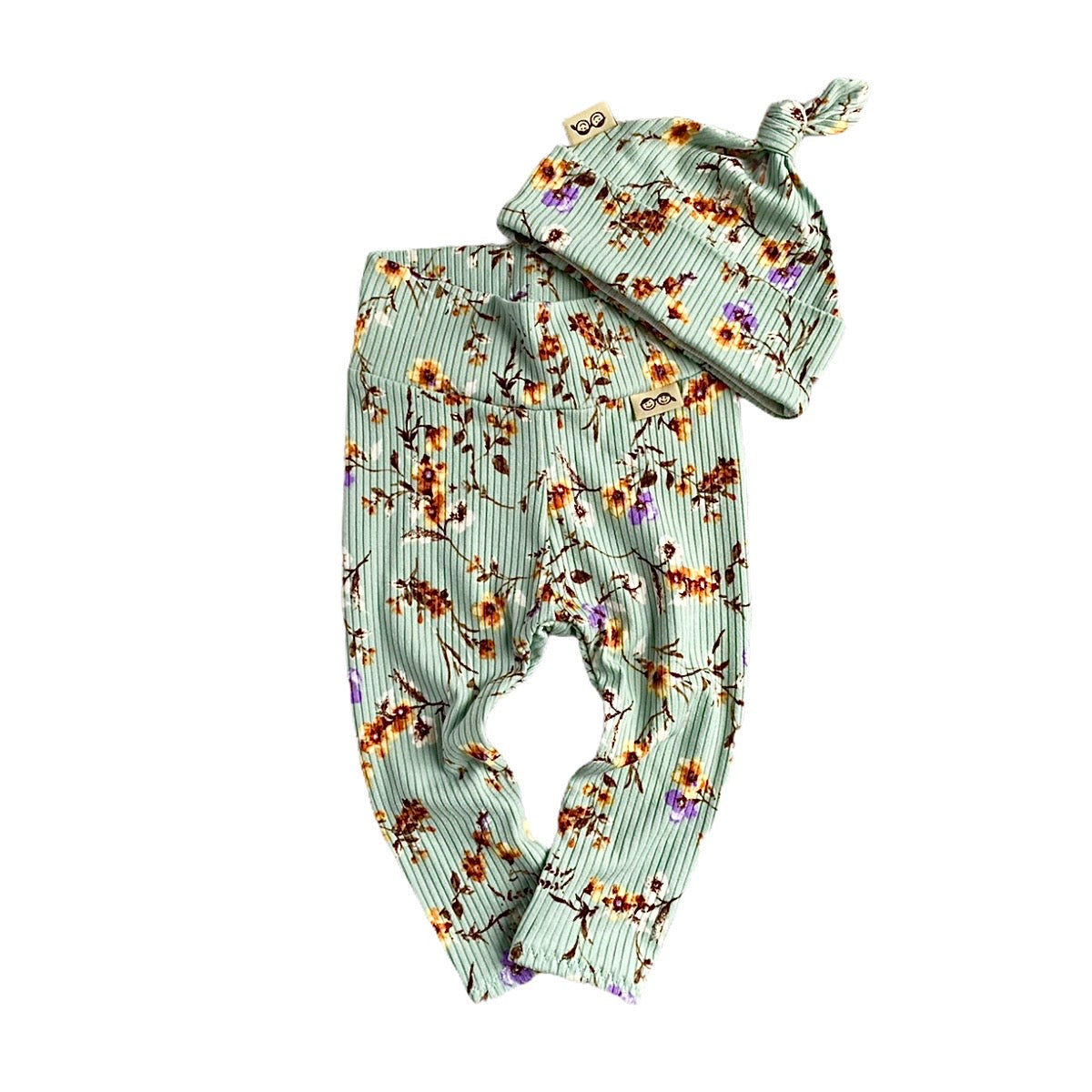 Dried Floral On Sage Ribbed Leggings And/or Knot Beanie Hat