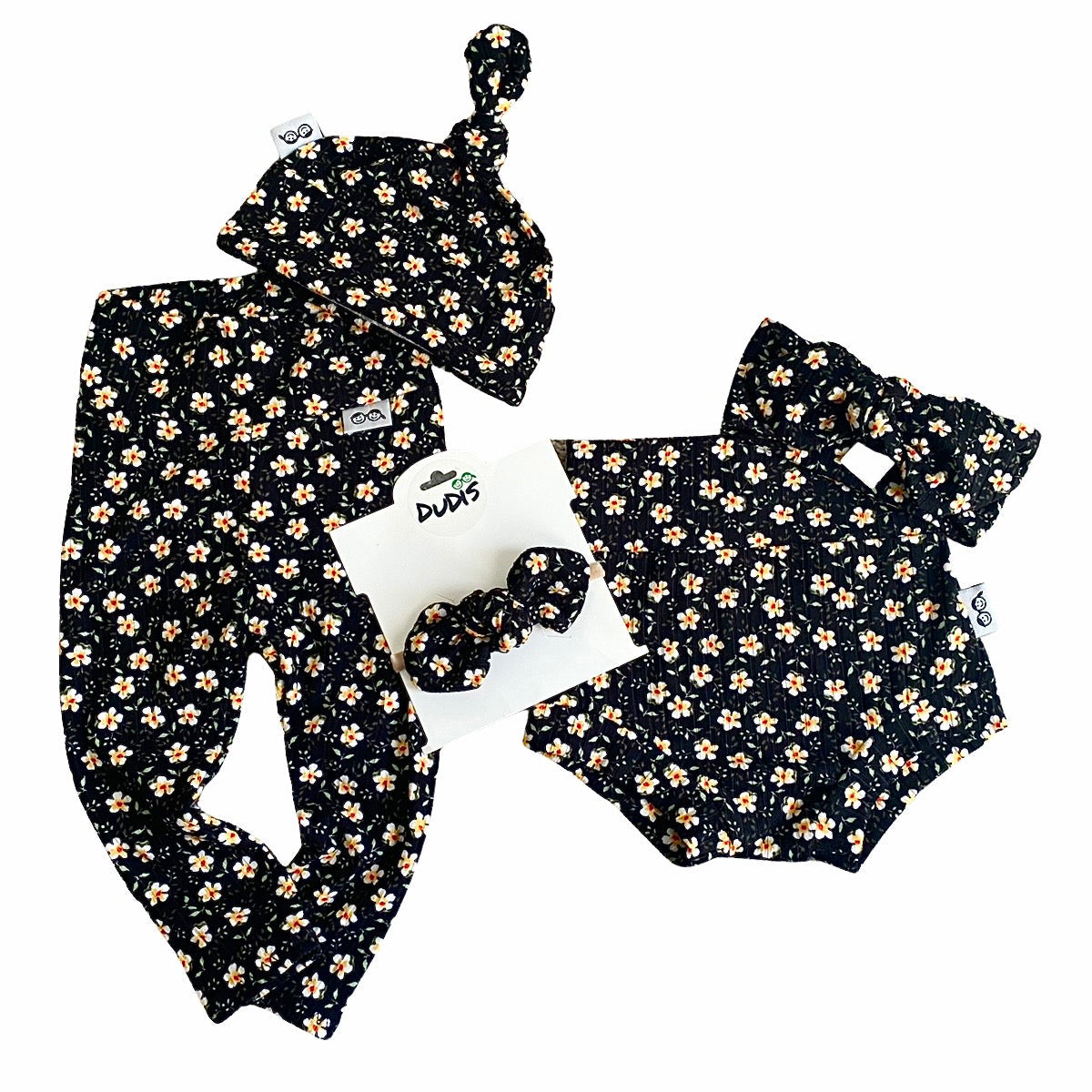 Dainty Floral Black Ribbed Leggings And/or Beanie Knot Hat