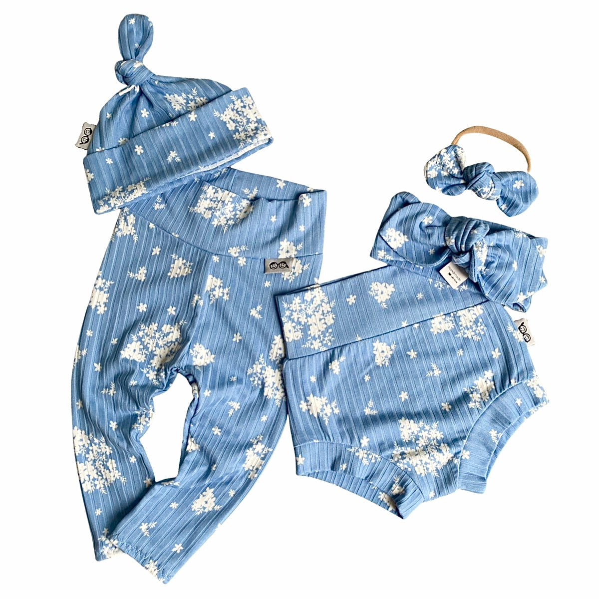 Minimal Floral Blue Ribbed Leggings And/or Knot Beanie Hat