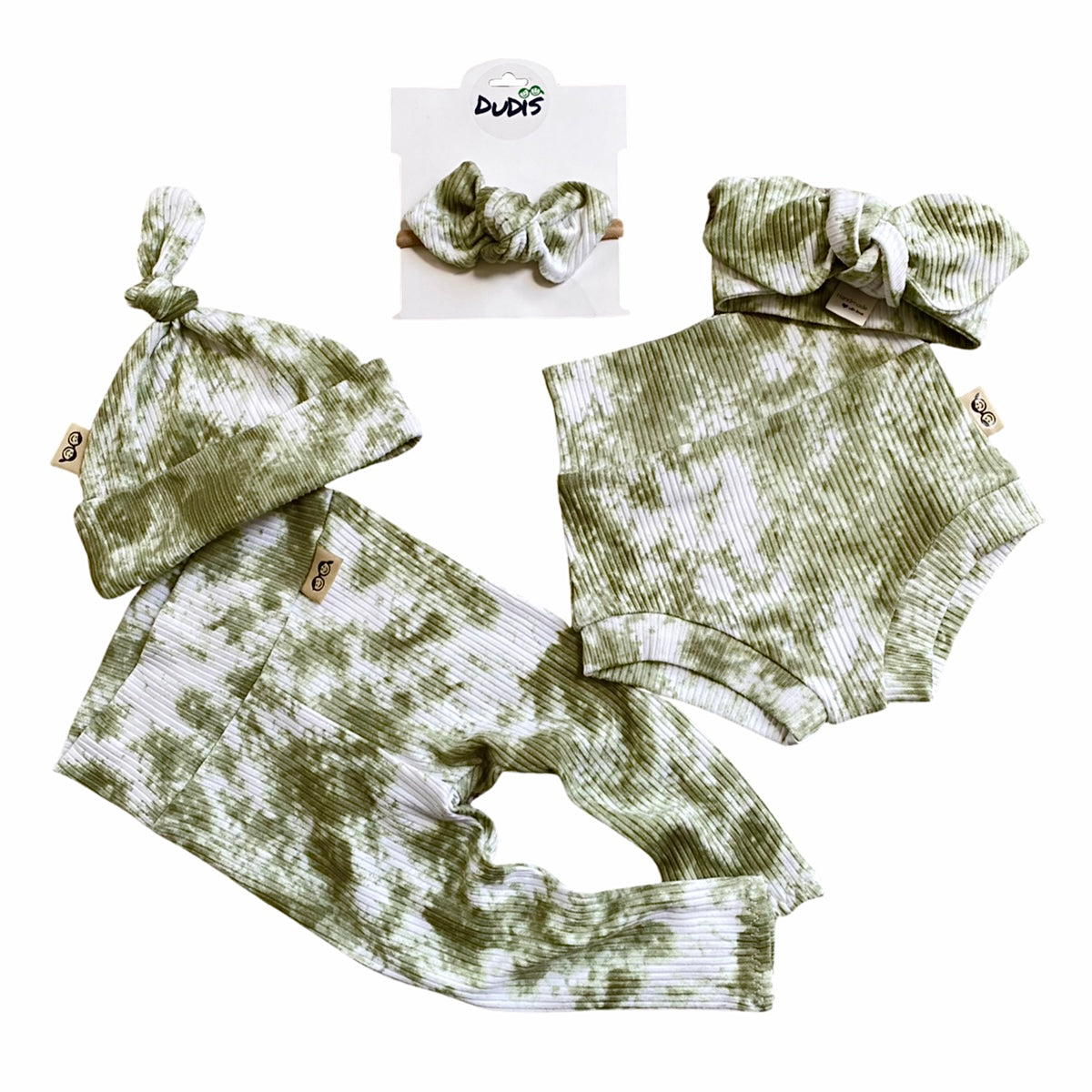 Olive Green Tie Dye Ribbed Leggings And/or Knot Beanie
