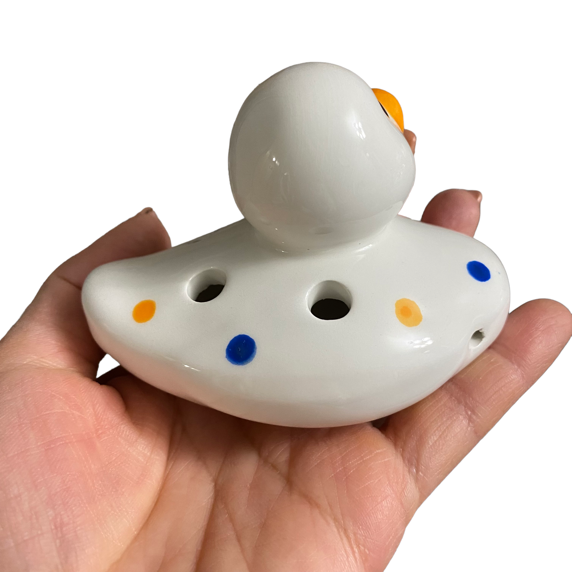 Ceramic Duck Ocarina White With Spots
