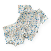 Blue Tone Dainty Flowers On White Ribbed Summer Lounge Set
