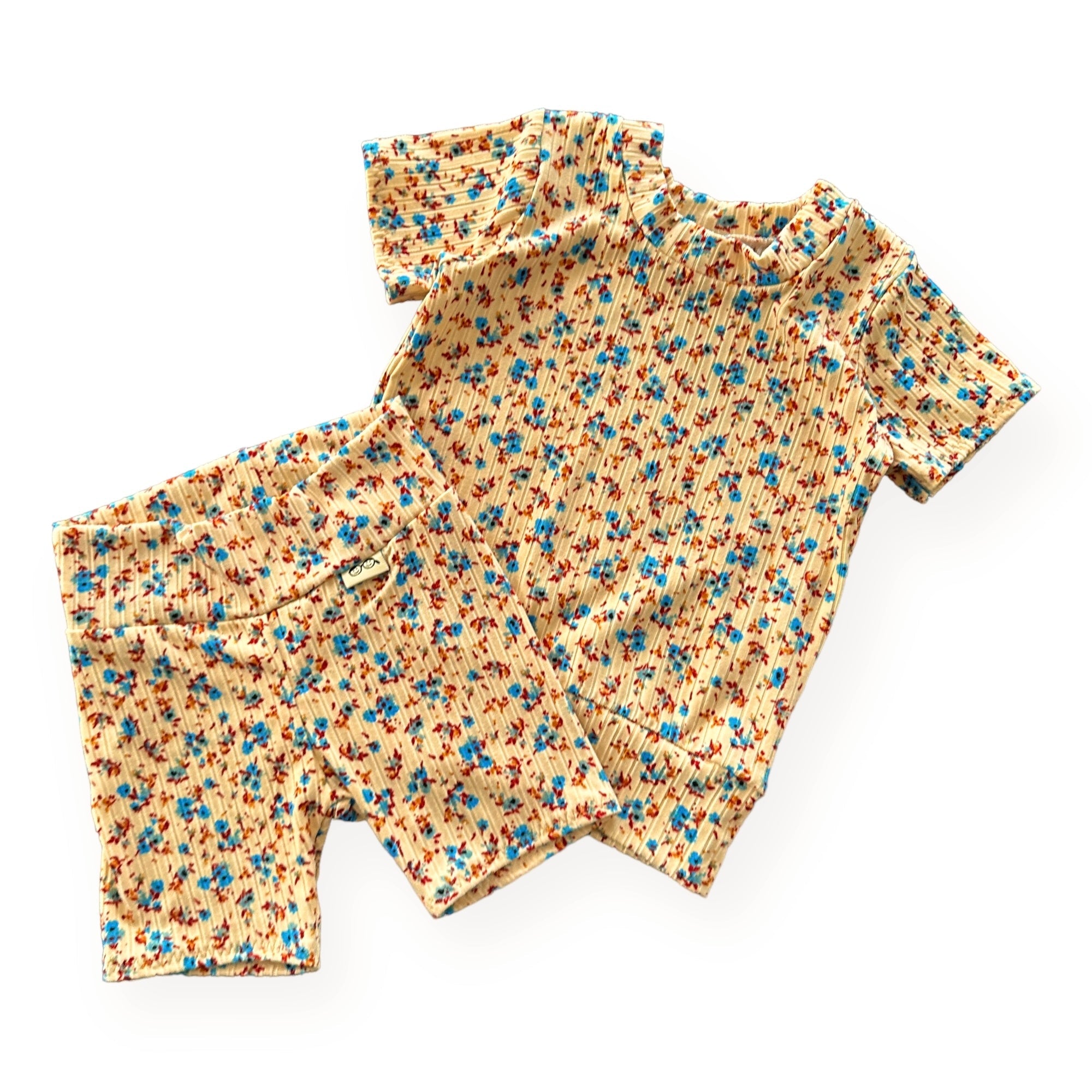 Dainty Floral On Yellow Ribbed Biker Shorts Lounge Set