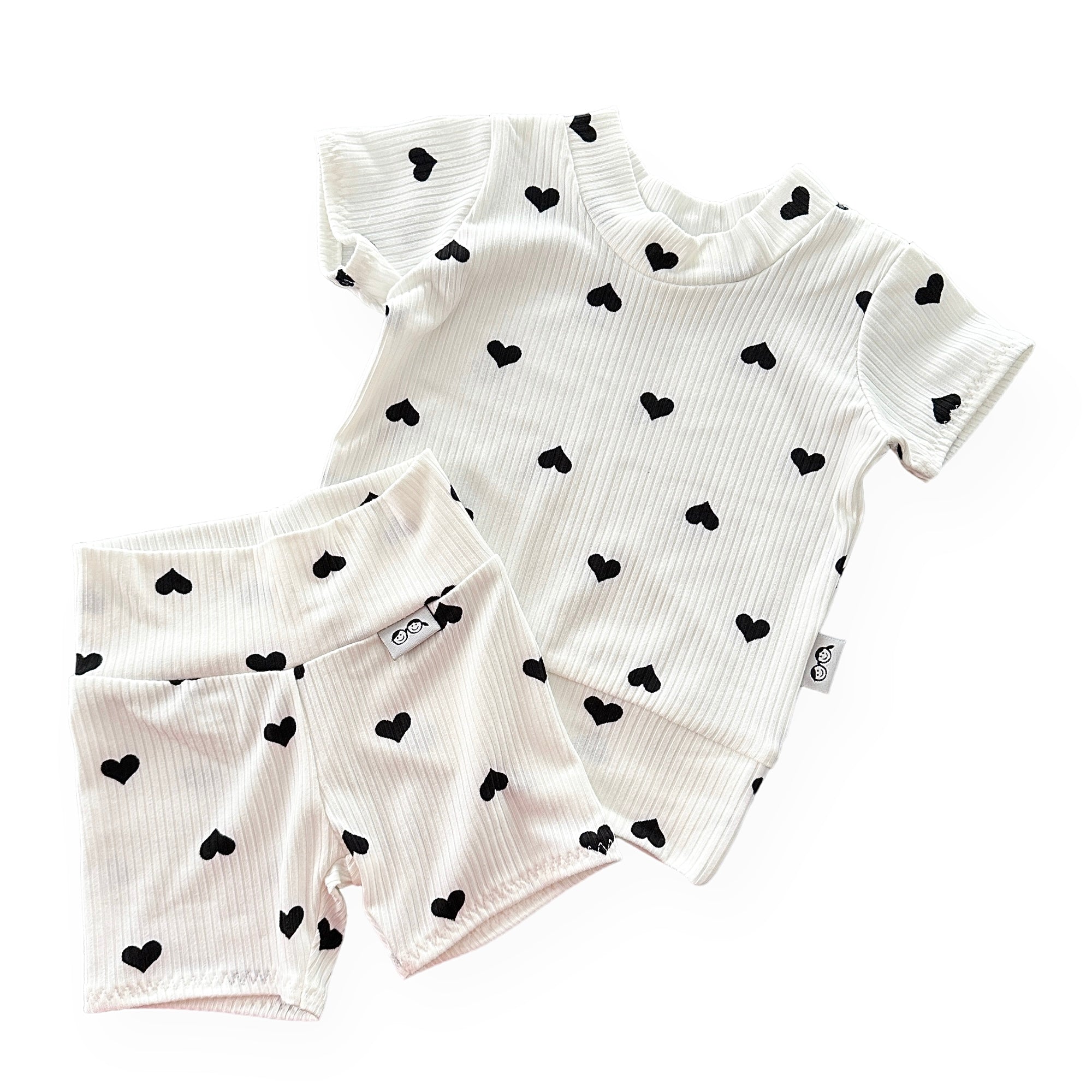 Flipped Black Hearts On White Ribbed Biker Shorts Lounge Set