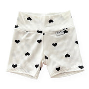 Flipped Black Hearts On White Ribbed Biker Shorts