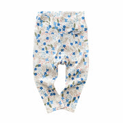 Blue Tone Dainty Flowers On White Ribbed Leggings