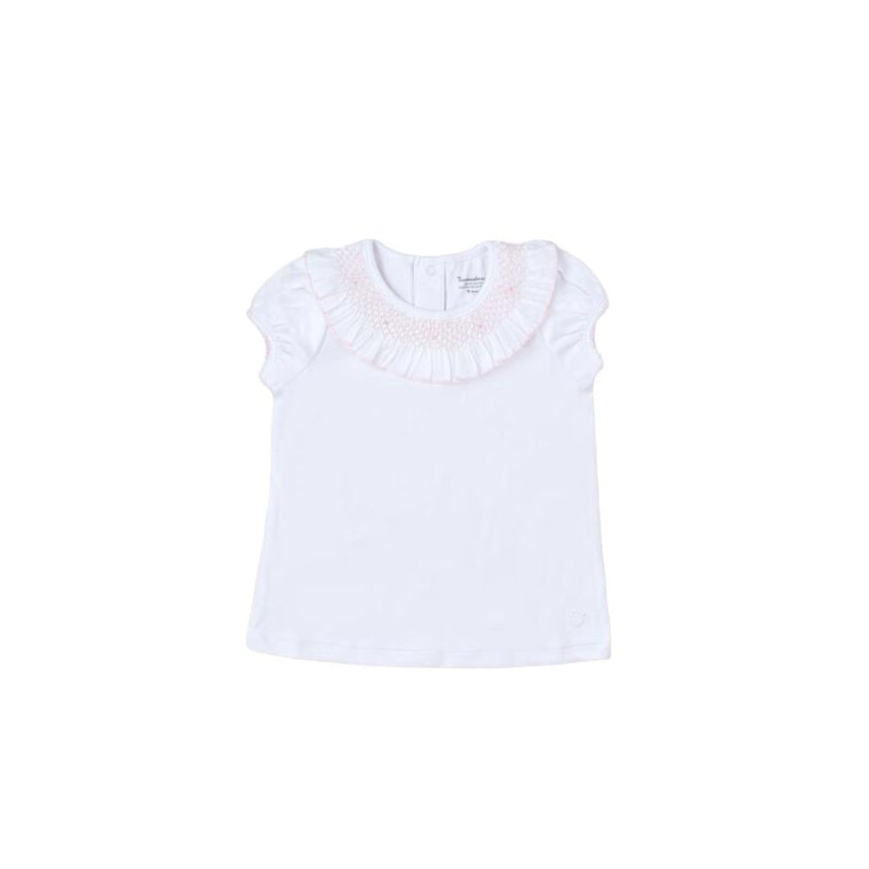 Hand Smocked Girl Top Short Sleeve, White & Pink