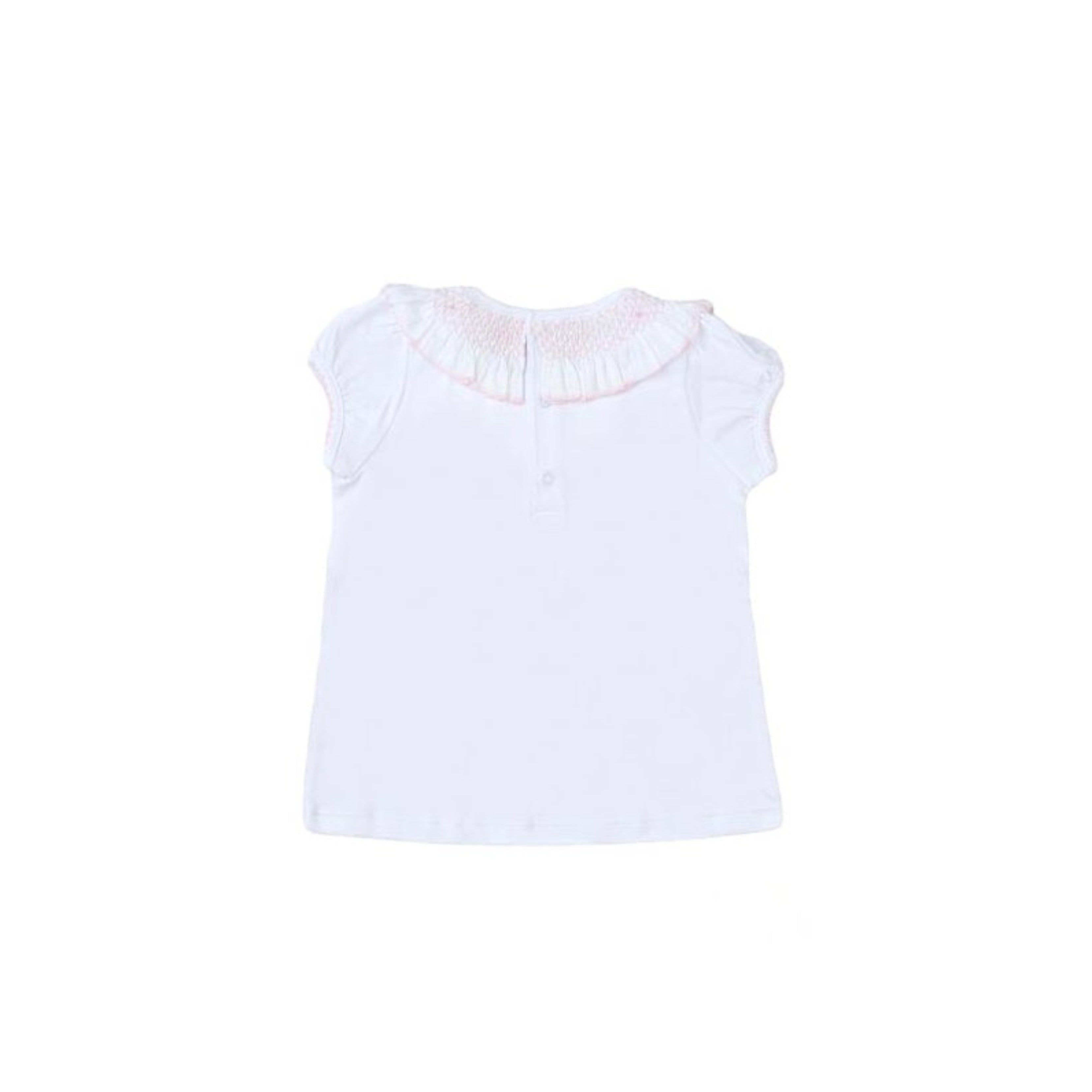 Hand Smocked Girl Top Short Sleeve, White & Pink