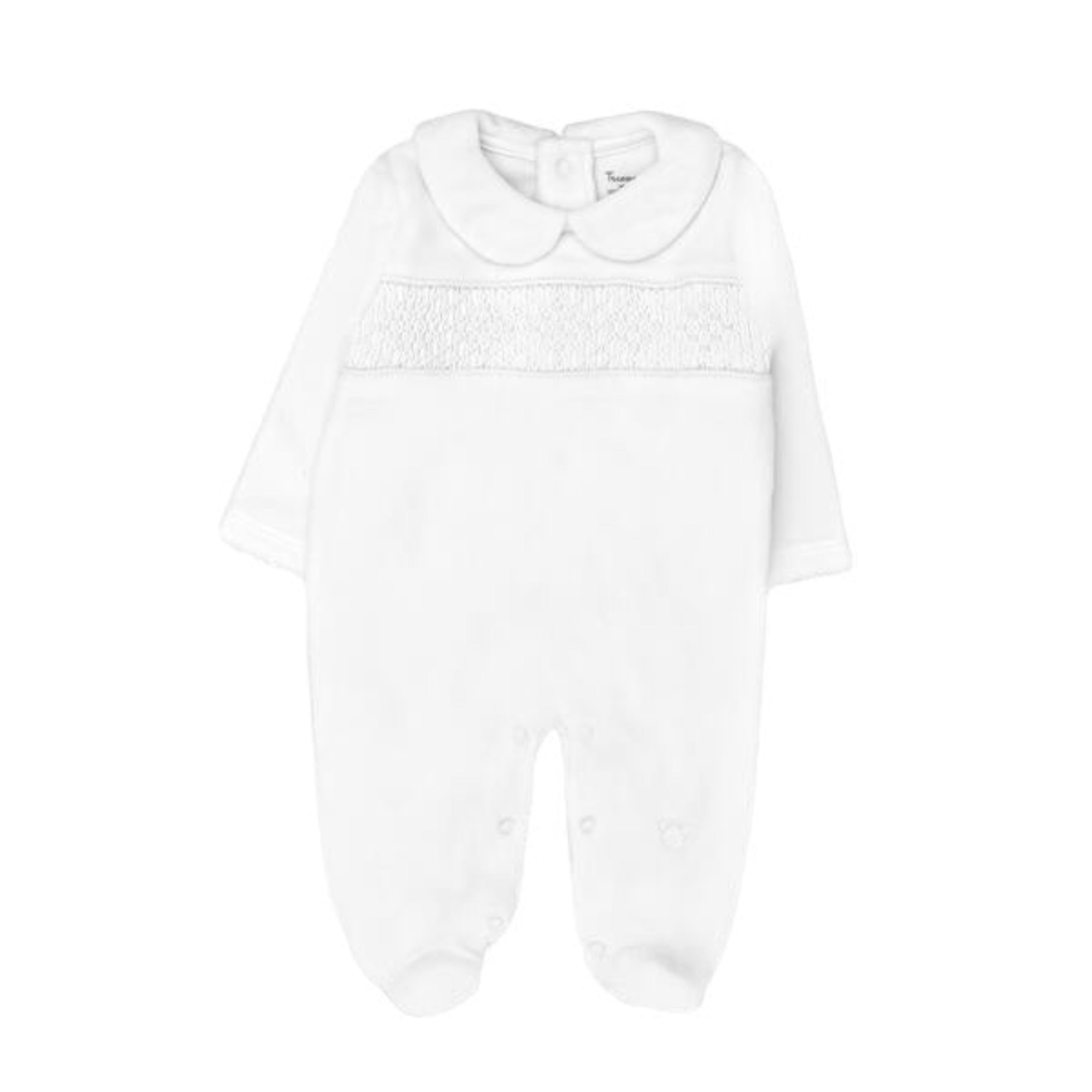 Hand Smocked Velvet Playsuit, White