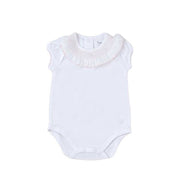 Smocked Short Sleeve Bodysuit, White & Pink