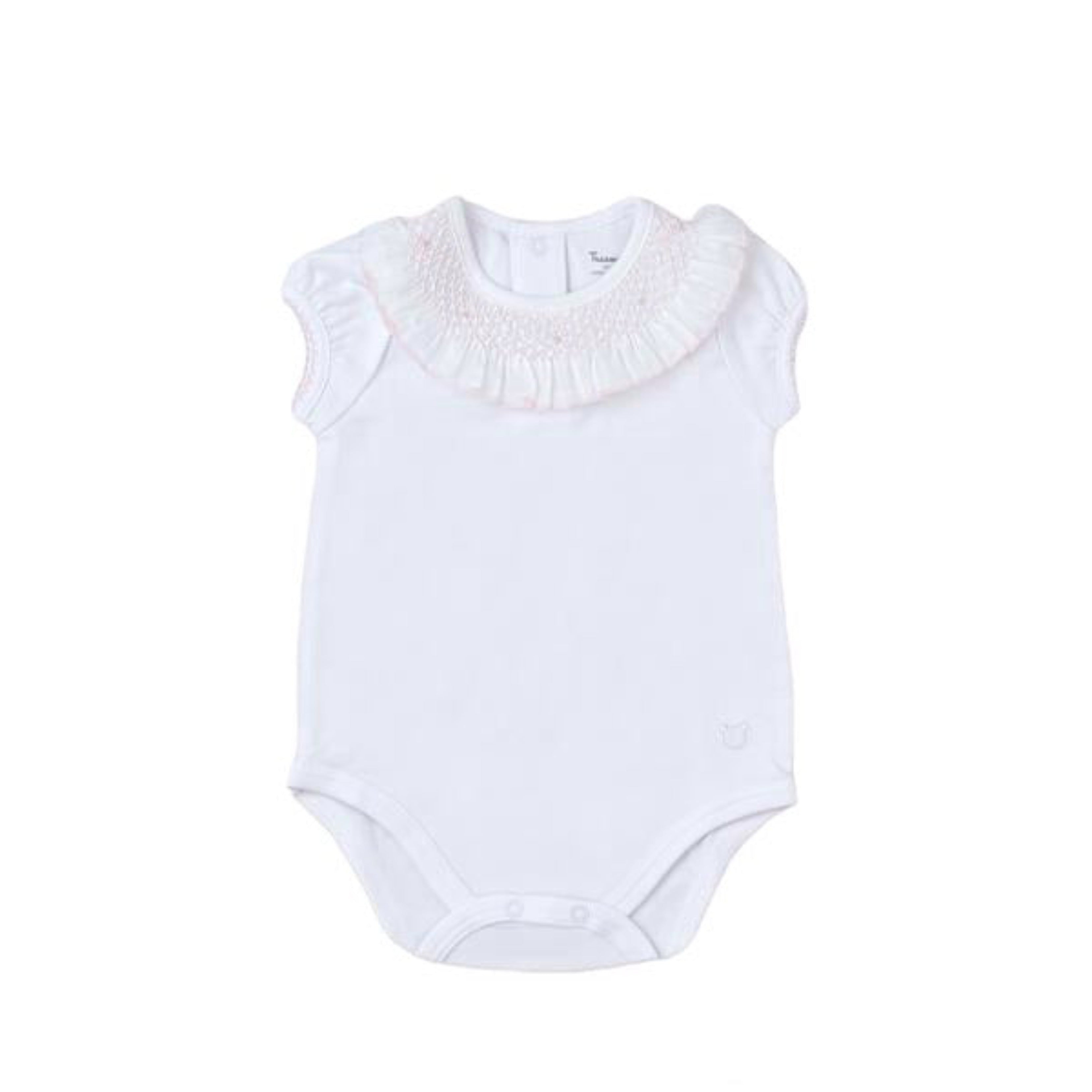 Smocked Short Sleeve Bodysuit, White & Pink