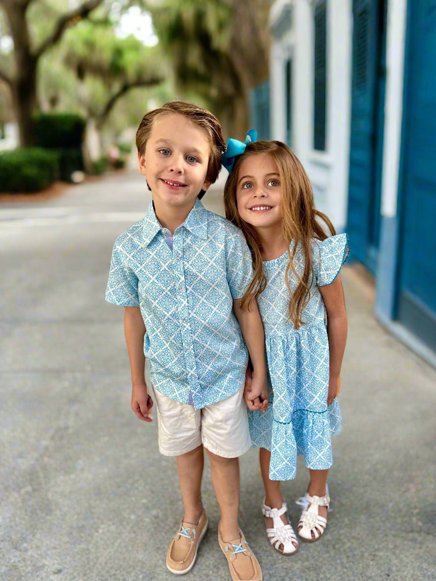 Geometric Blue Ruffle Dress