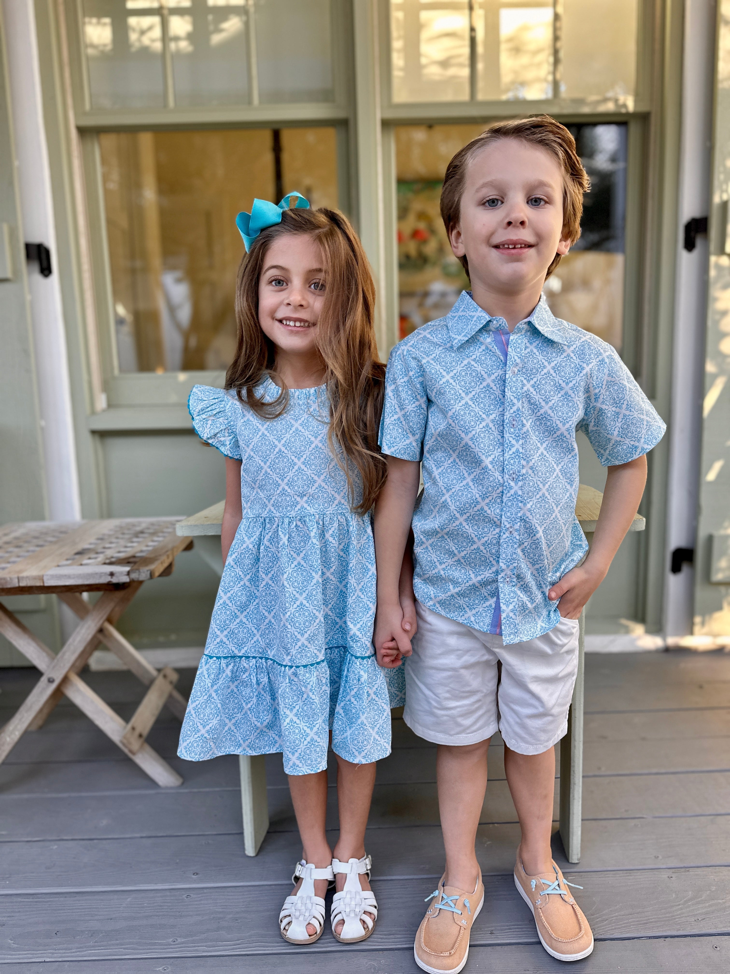 Geometric Blue Ruffle Dress