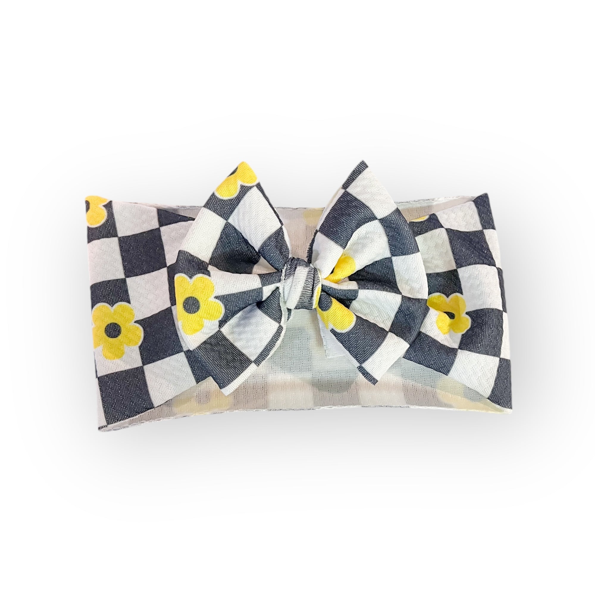Checkered Yellow Flower Headwrap Bow