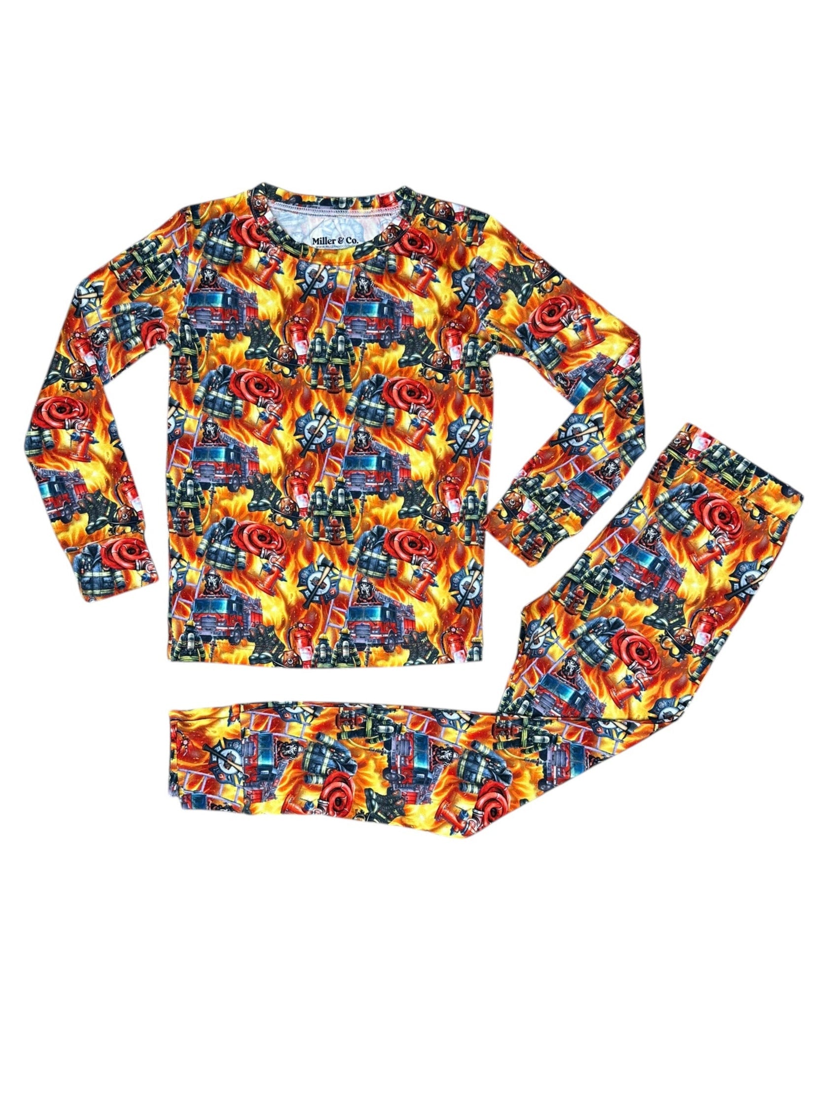 Bamboo Adult Two Piece Pajama Set, Blazing Firefighter Dalmatian