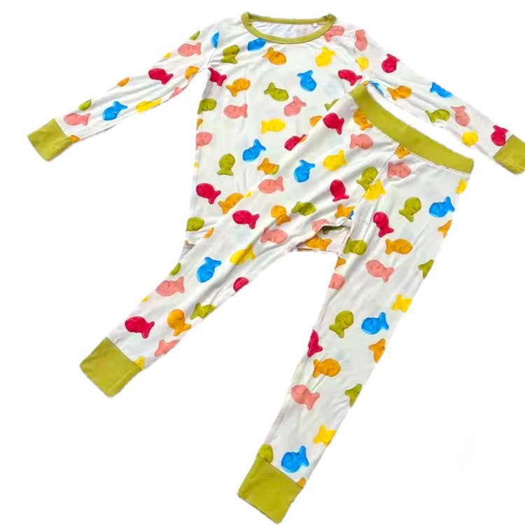 My First Snack Bamboo Pajamas – Green & Pink Lining Toddler Pjs |