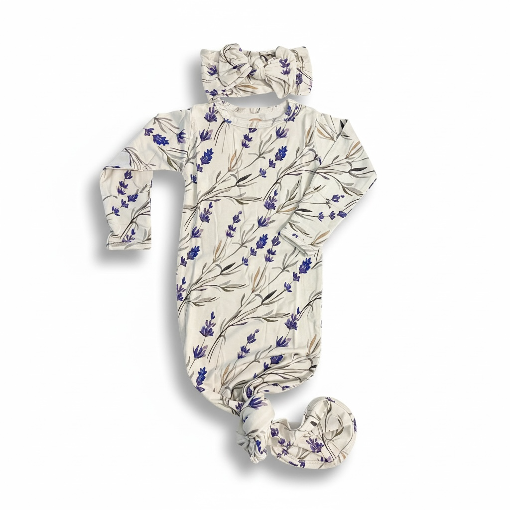 Lilac Floral Bamboo Knotted Gown And Bow