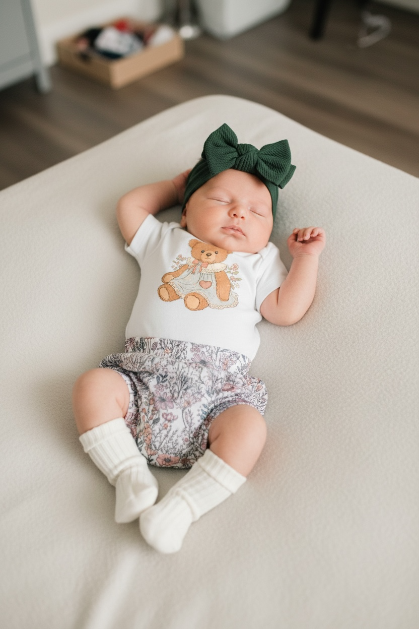 Vintage Teddy Baby Girl Bummies Outfit