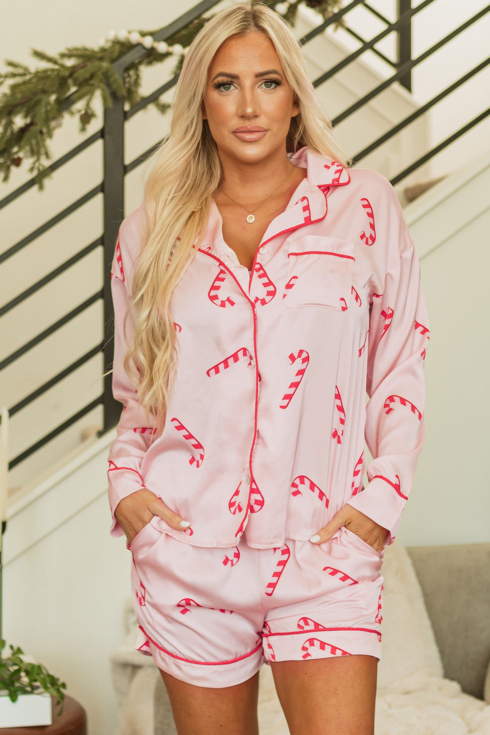 Pink Christmas Candy Cane Print Shirt And Shorts Pajama Set