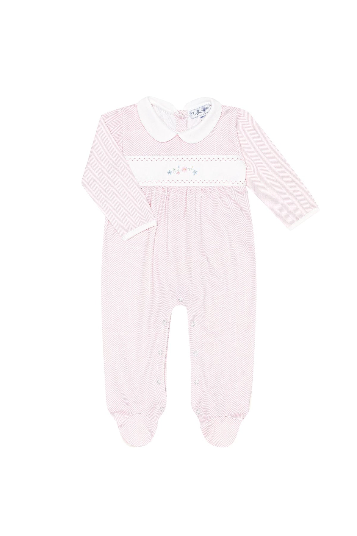 Pink Herringbone Embroidered Footie
