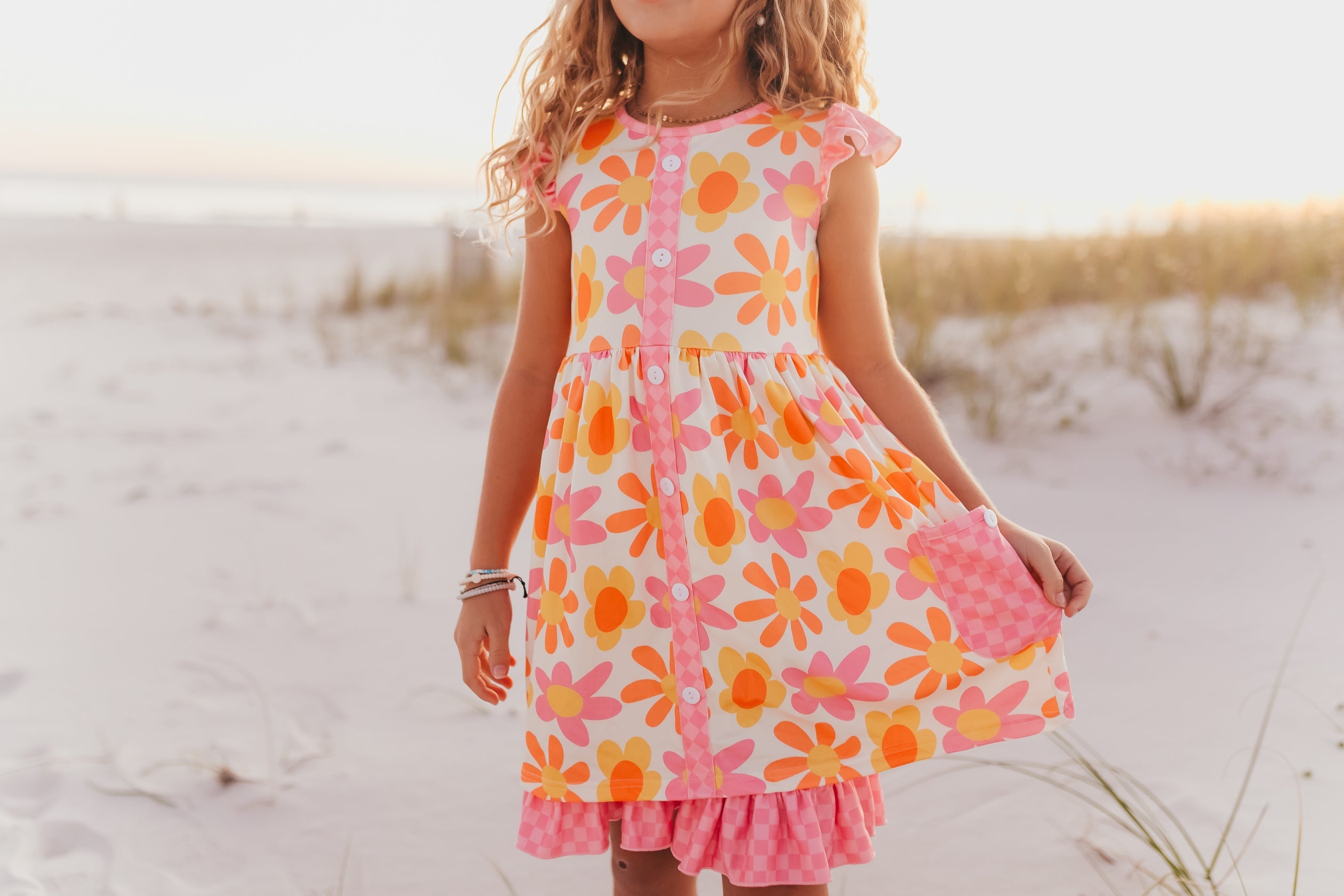 Pink Check Floral Pocket Dress