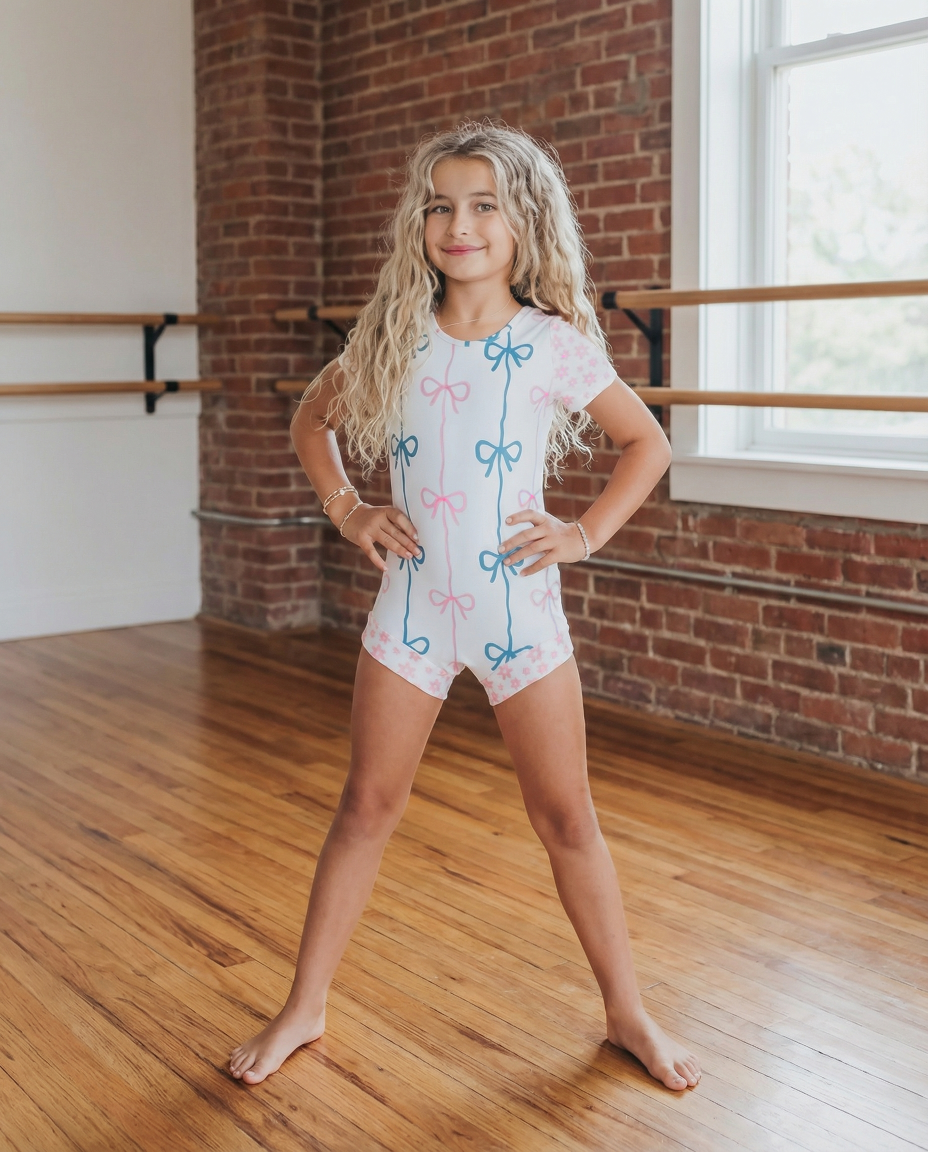 Pink And Blue Bow Shortie Leotard