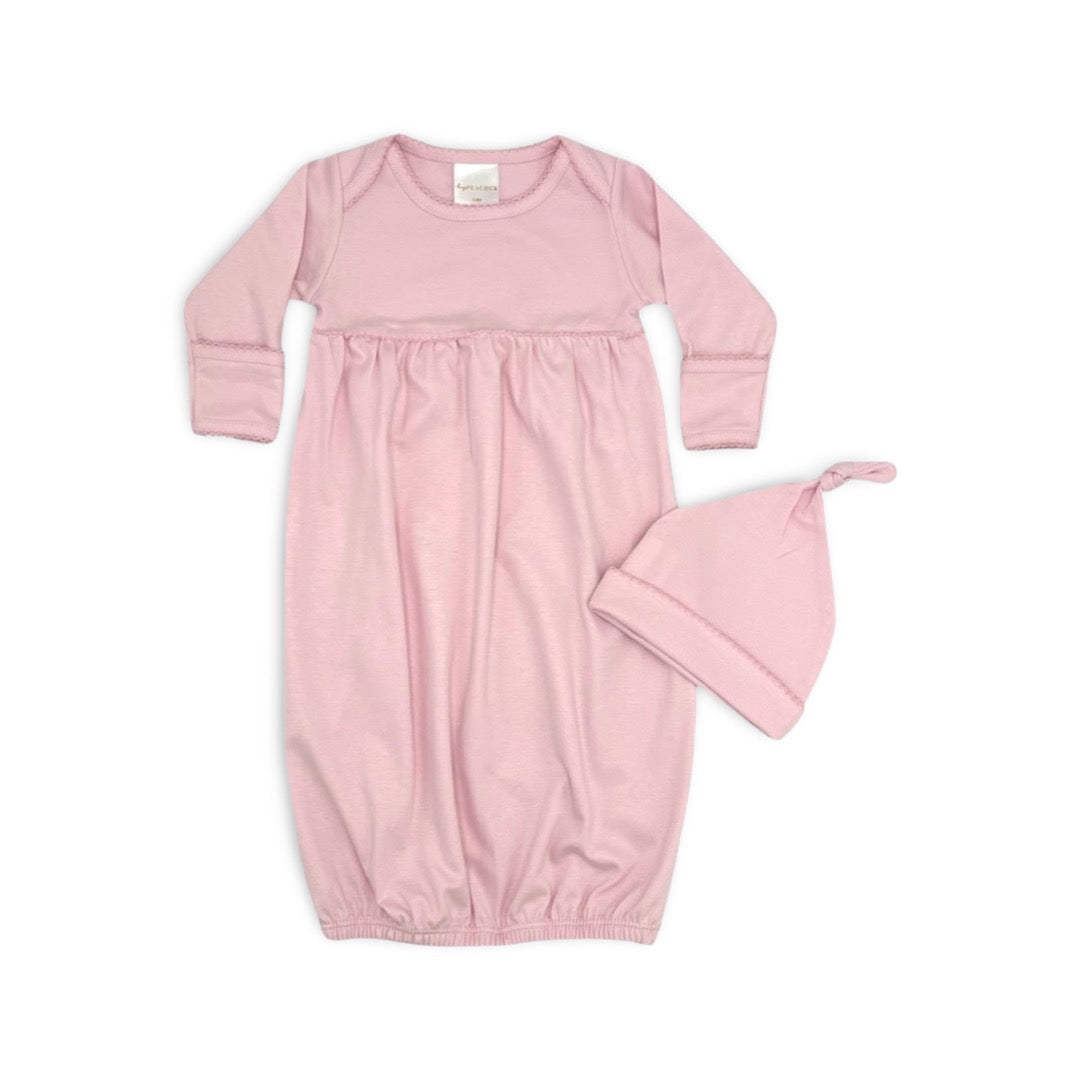 100% Pima Cotton Newborn Pleated Gown & Hat Set: Light Pink (0-6 Months)
