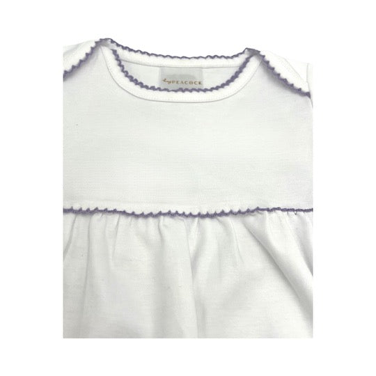 100% Pima Cotton Newborn Pleated Gown & Hat Set: White With Lavender Picot (0-6 Months)
