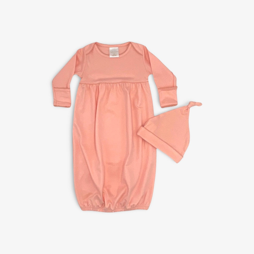 100% Pima Cotton Newborn Pleated Gown & Hat Set: Apricot (0-6 Months)