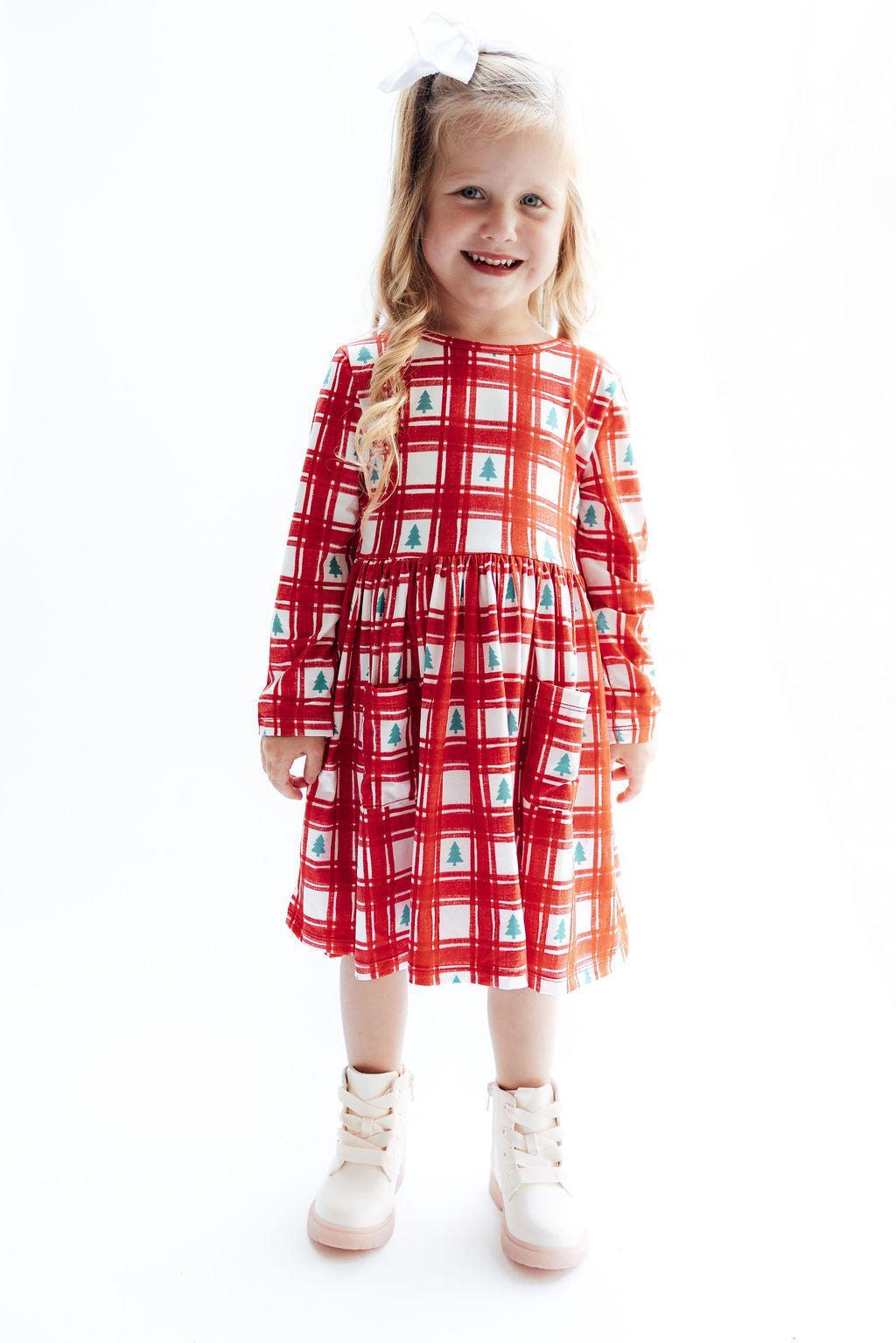 Plaid Trees L/s Pocket Twirl Dress