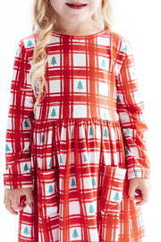 Plaid Trees L/s Pocket Twirl Dress
