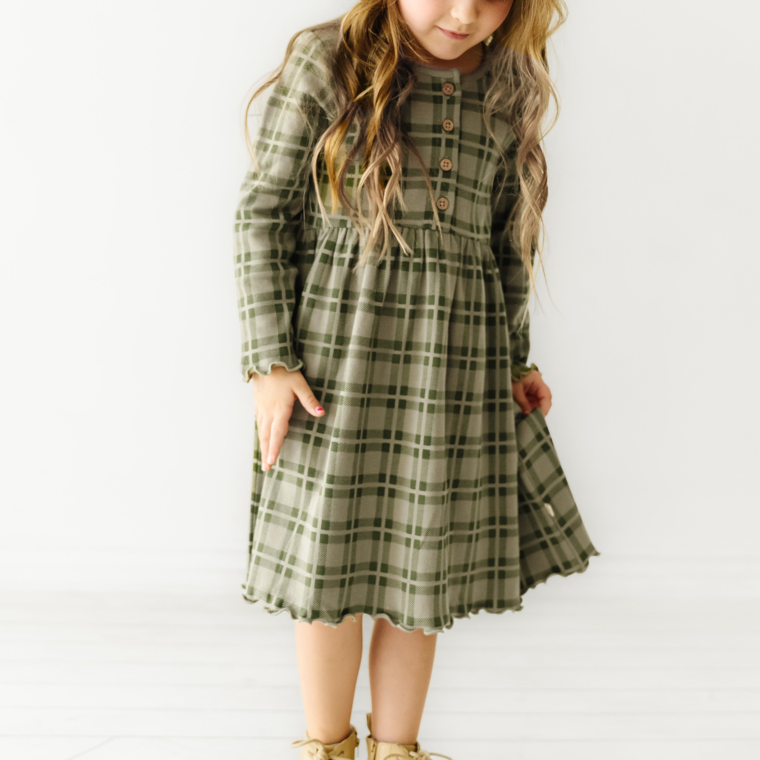 Organic Long Sleeve Twirl Dress - Plaid