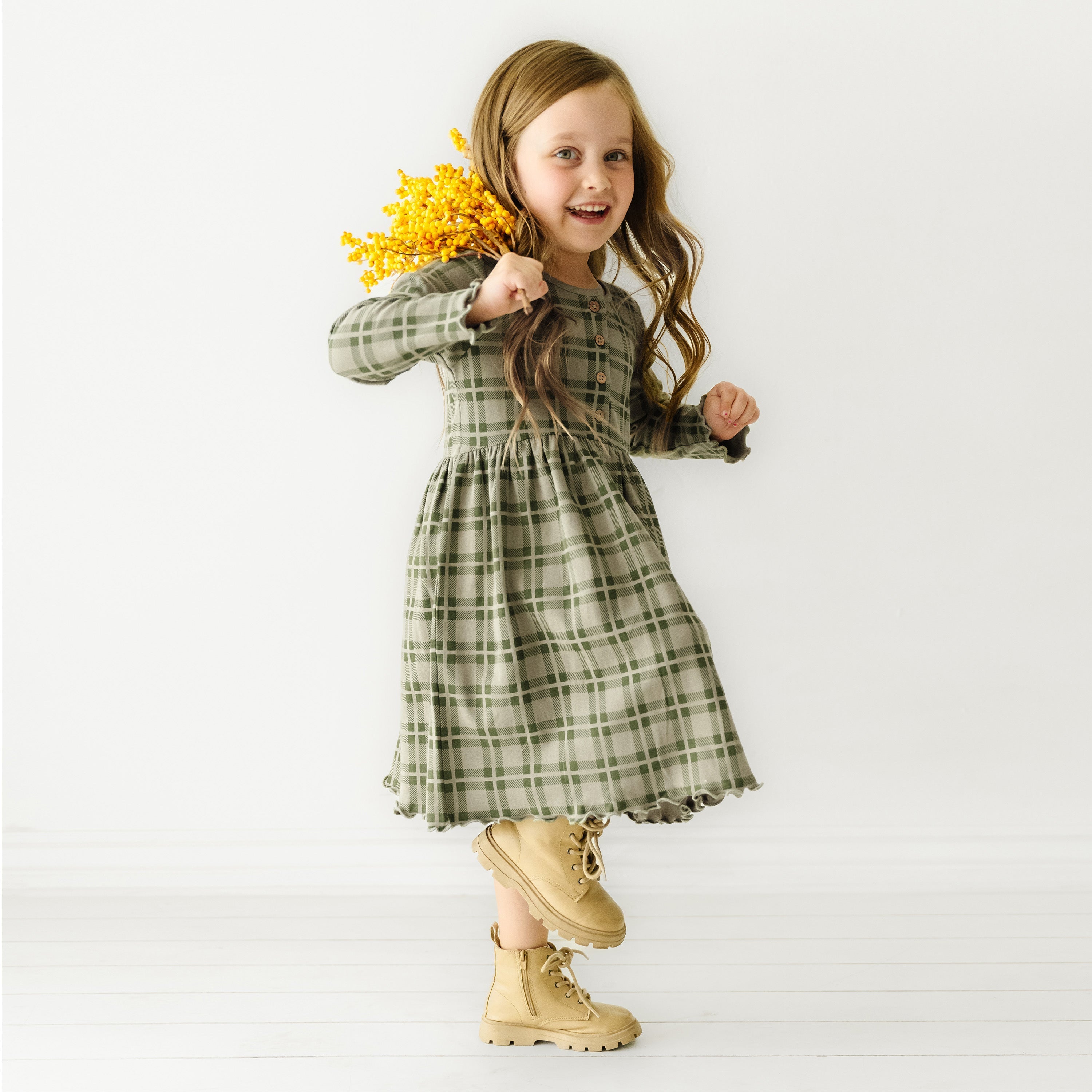 Organic Long Sleeve Twirl Dress - Plaid