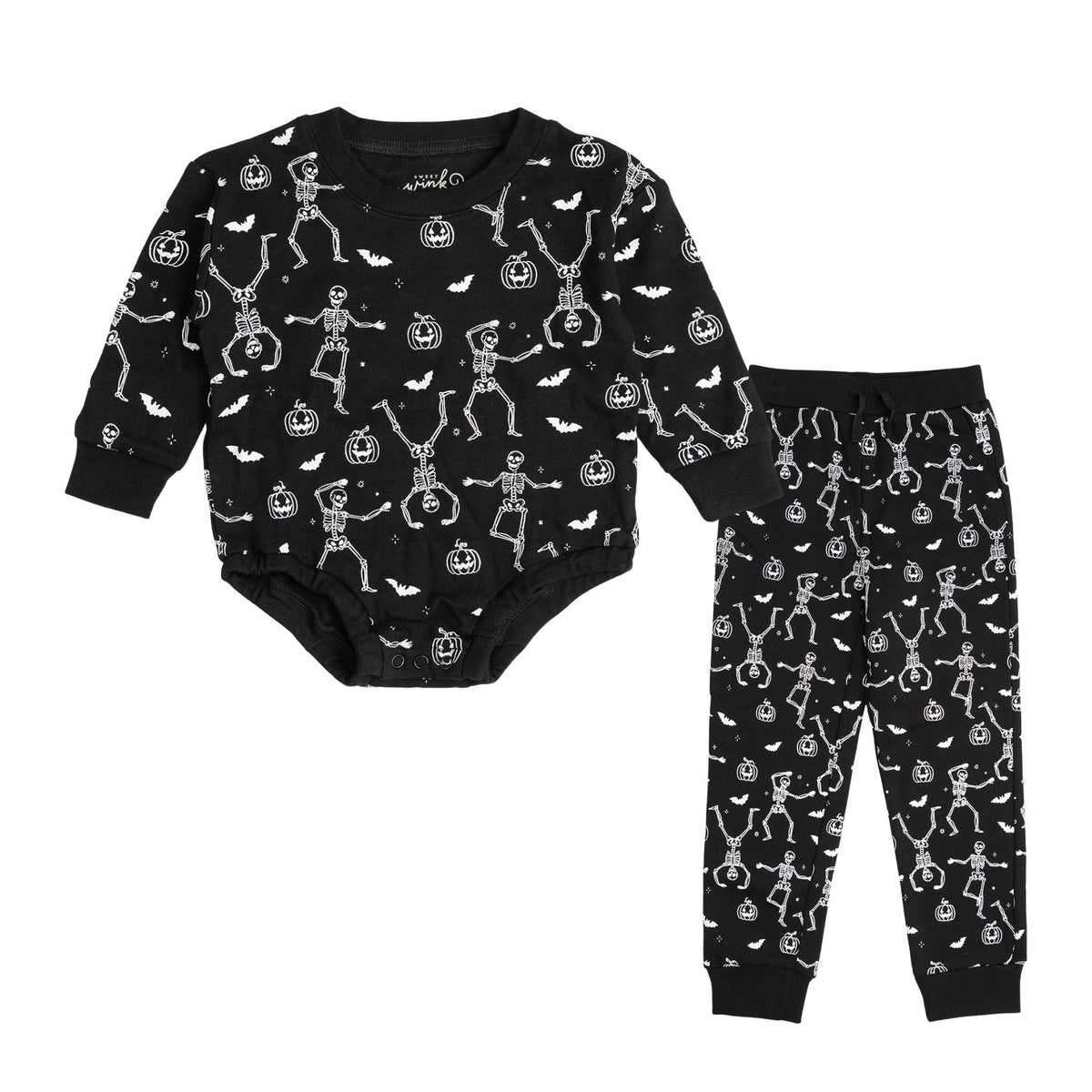 Glow In The Dark Silly Skelly Halloween Long Sleeve Romper & Jogger Set